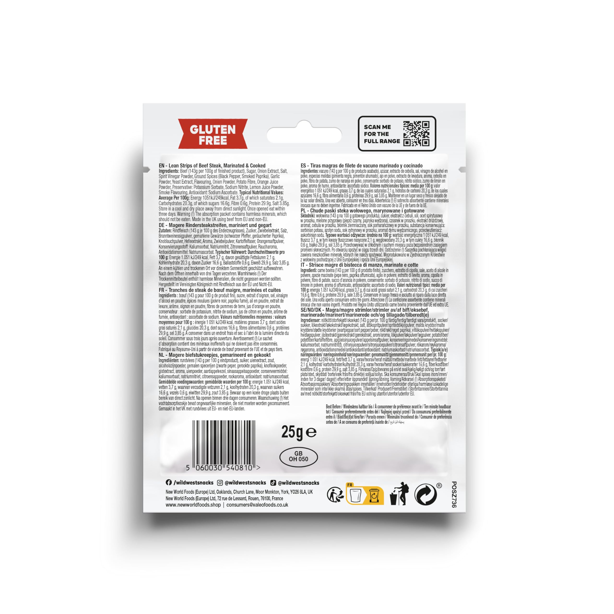 WILD WEST Original Beef Jerky - High Protein, Gluten Free Snack | 25g Pack of 12 3