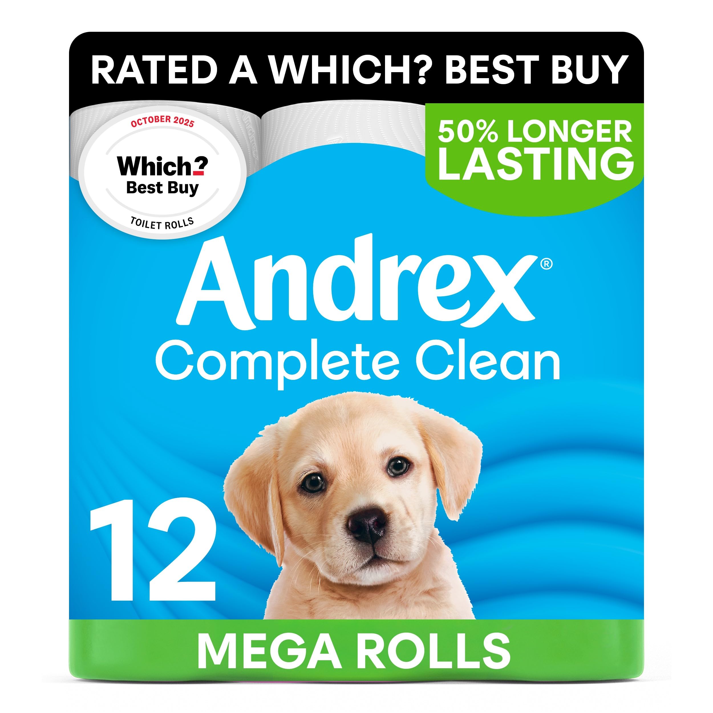 Andrex Complete Clean Toilet Tissues - 12 Mega Rolls (Equals 18 Standard Rolls) | Unscented | Embossed 1