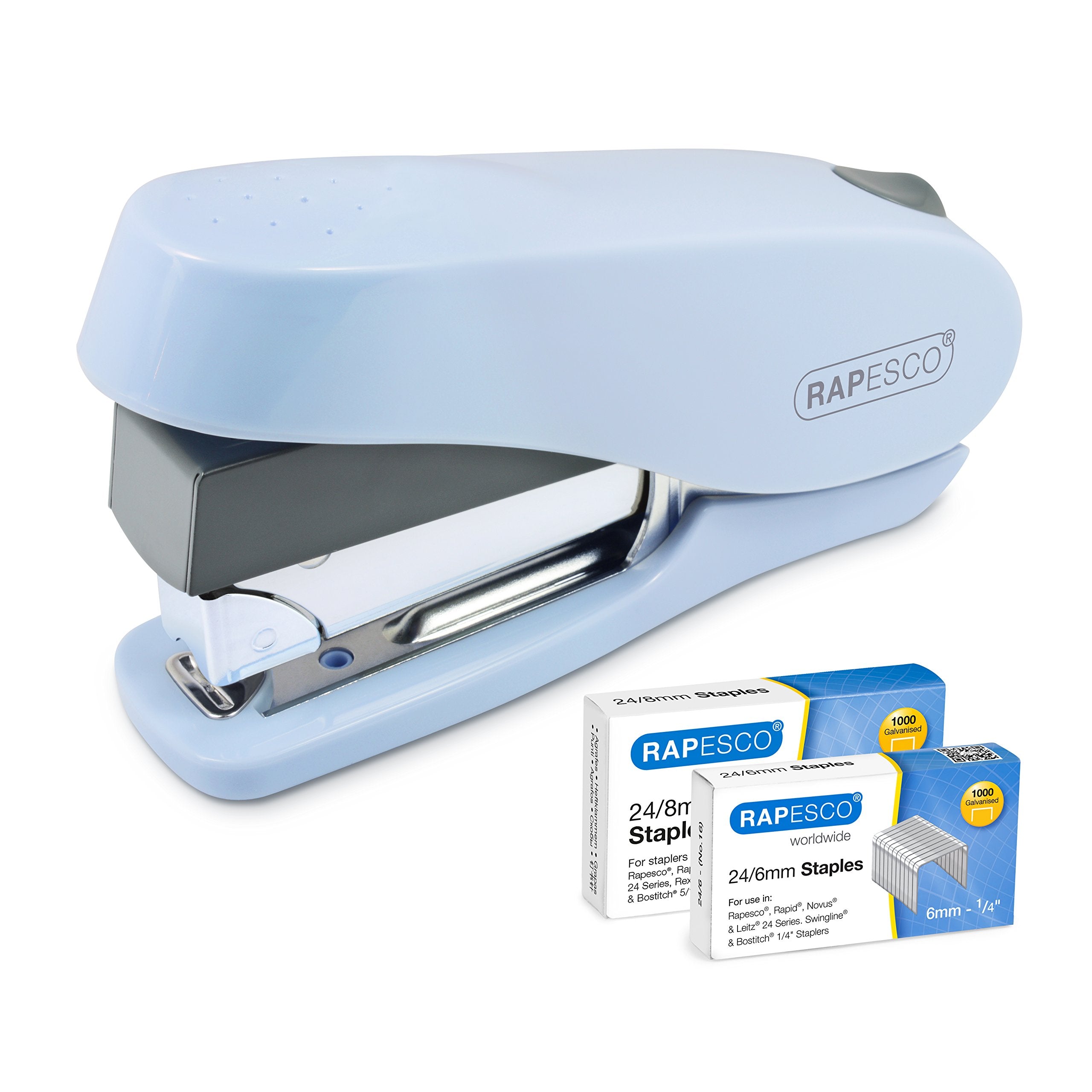 RAPESCO Luna Less Effort Desktop Stapler | 50 Sheet Capacity | Powder Blue | Includes 2000 Staples