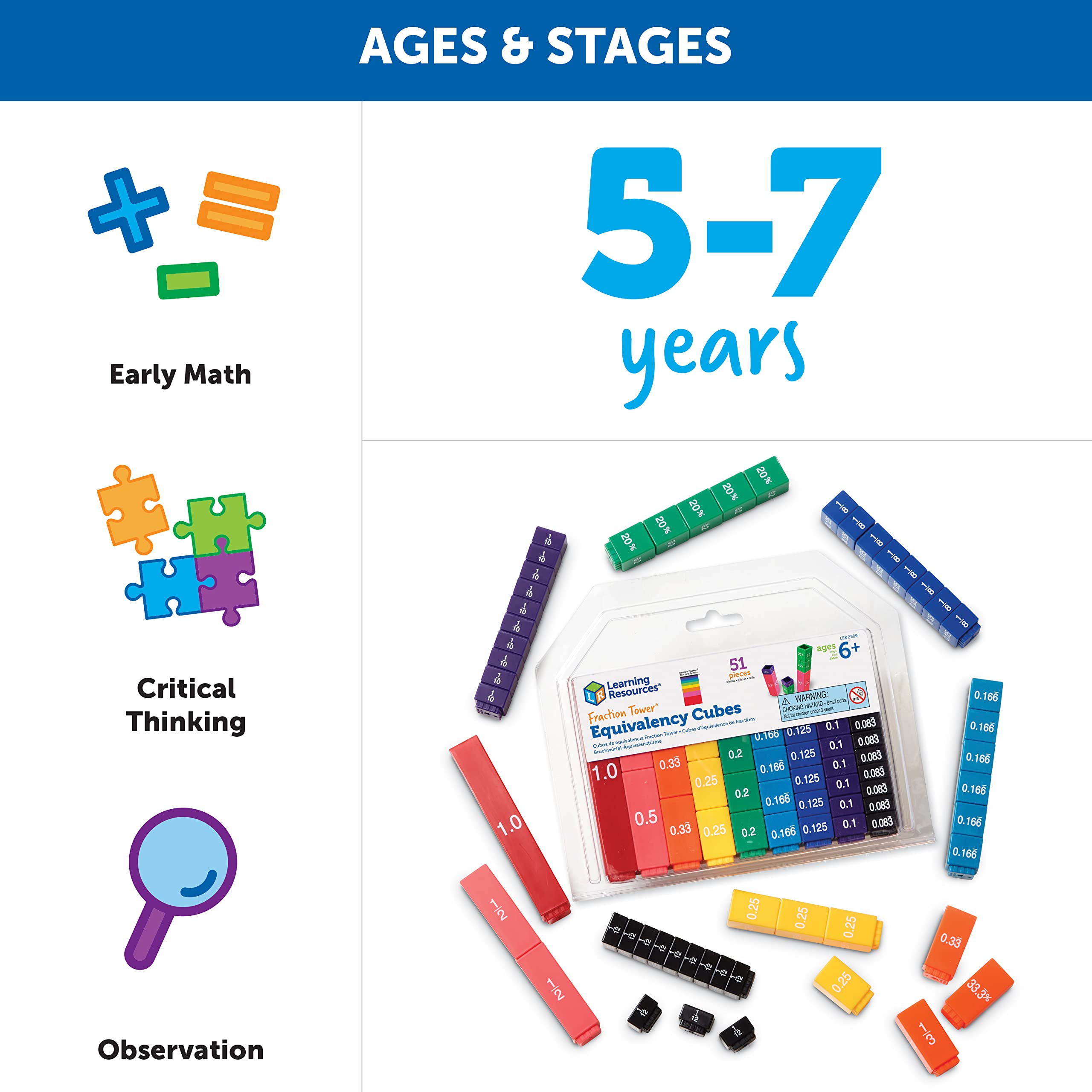 Learning Resources Fraction Tower Equivalency Cubes - 51 Pieces | Ages 6+ 5