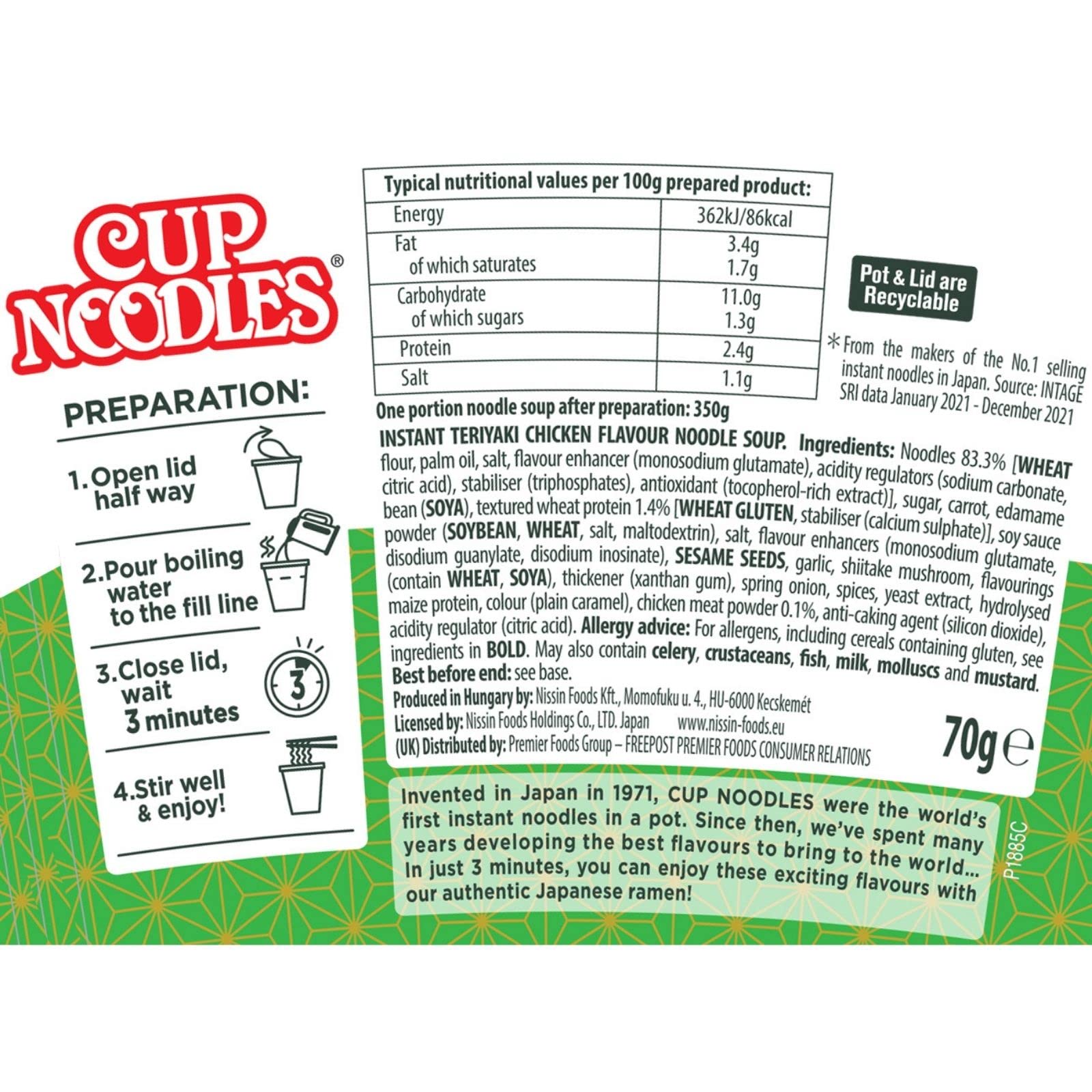 NISSIN Cup Noodles Chicken Teriyaki Flavoured Instant Noodles - 70g Pot (Pack of 8) 3