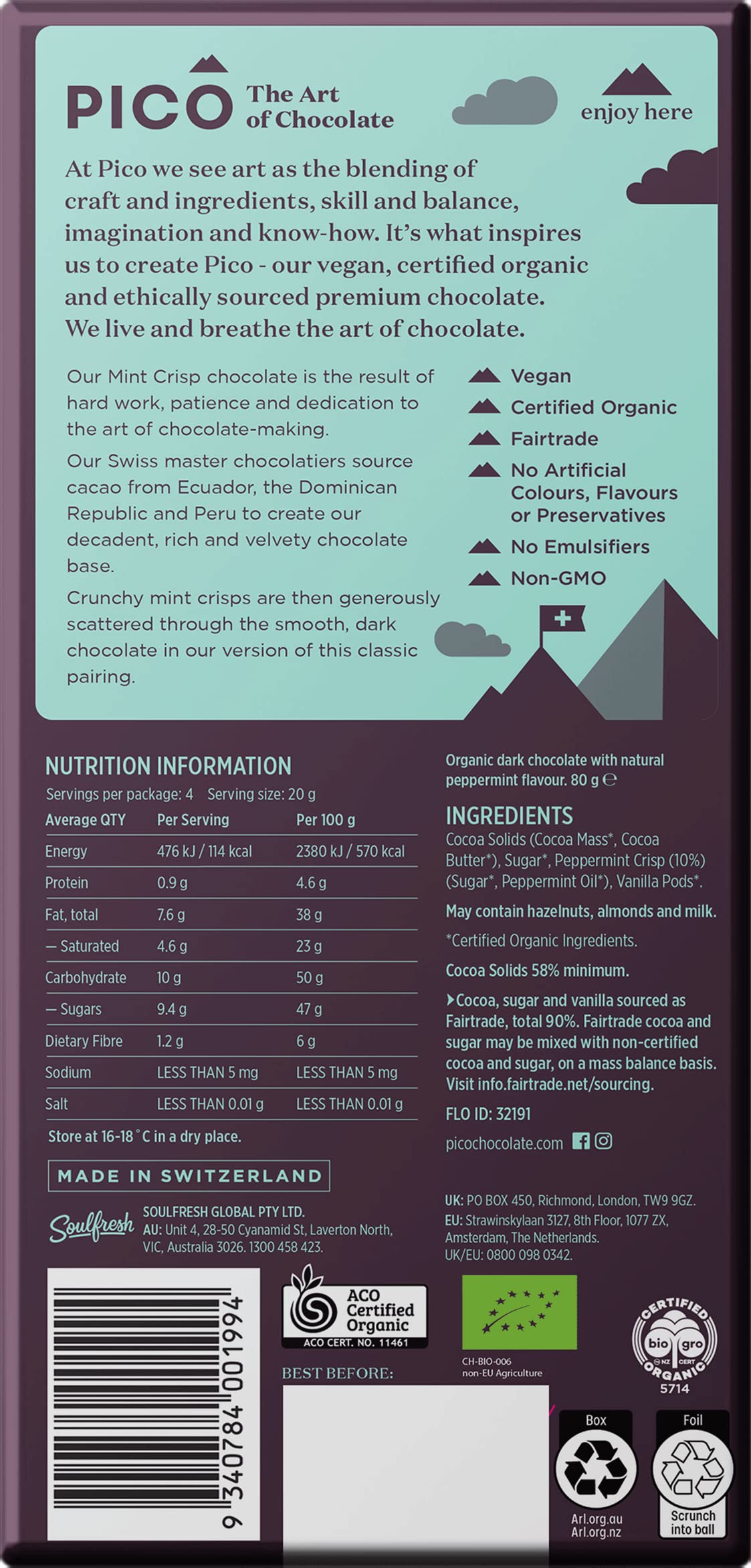SOULFRESH Pico Mint Crisp Dark Chocolate Vegan Bar - 58% Cocoa | Organic | 80g