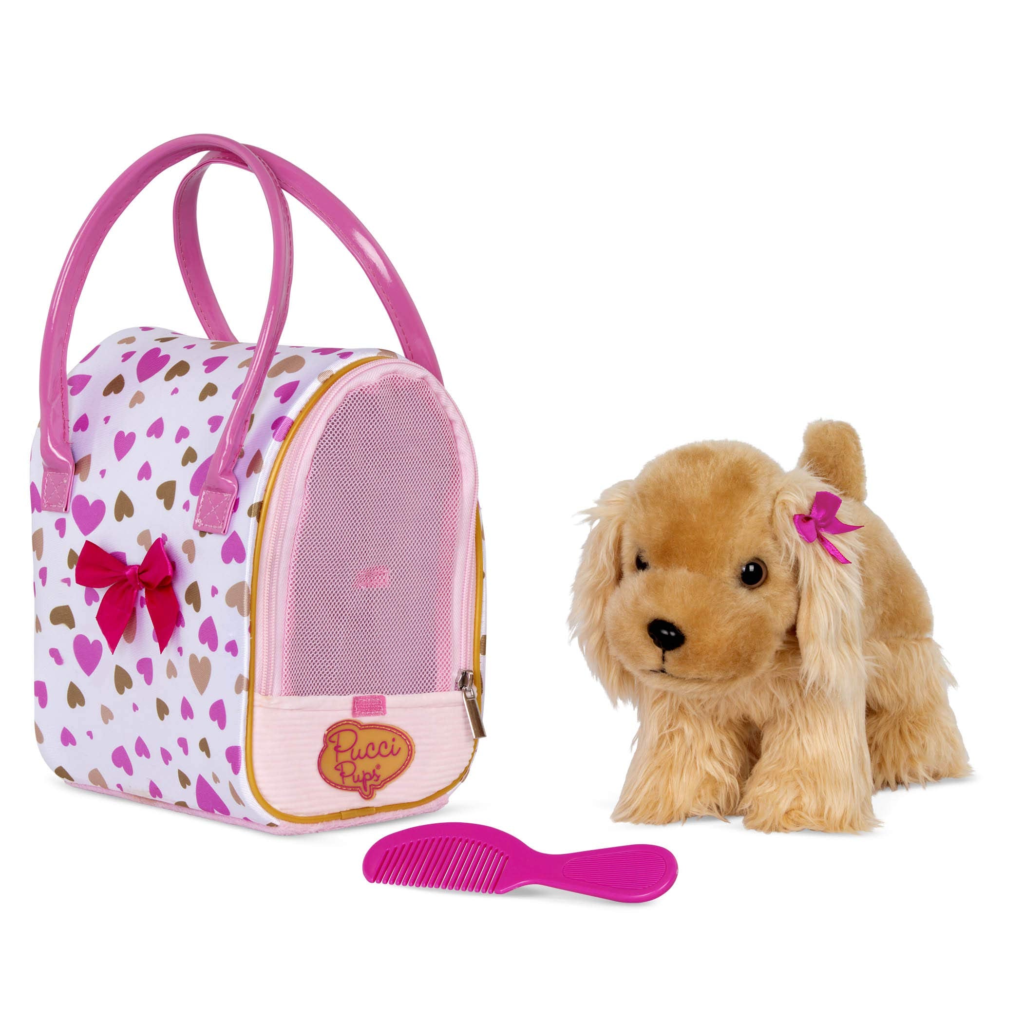 Pucci Pups Plush Cocker Spaniel with Carrier Bag – Pink & Gold Dog Toy for Kids 3+ 1