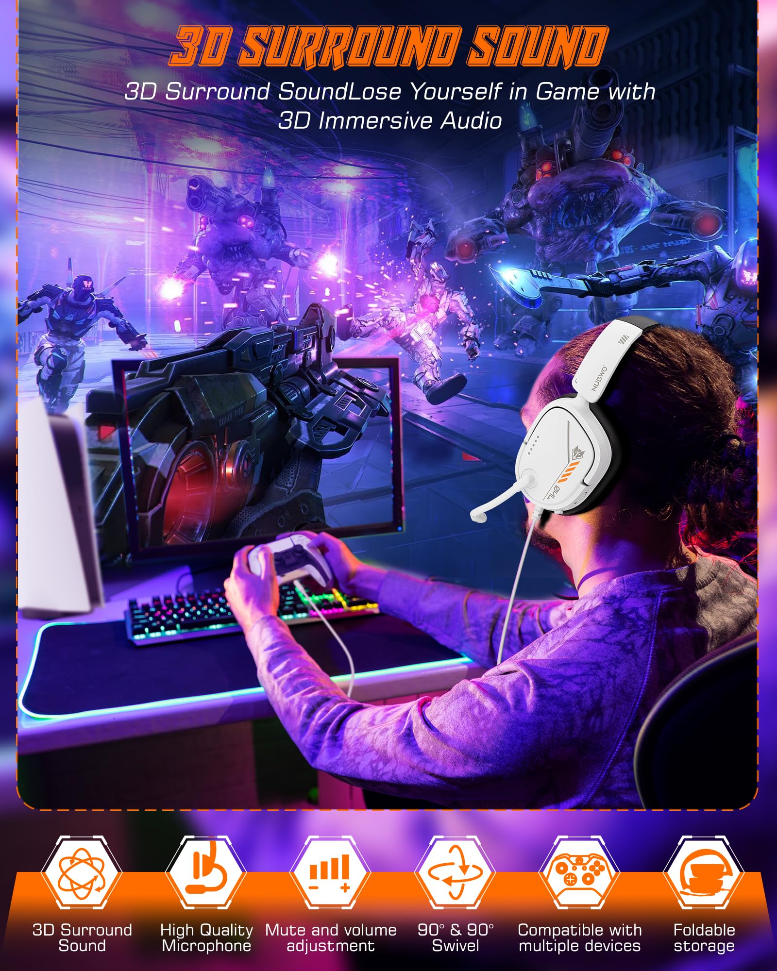 NUBWO HG04L Gaming Headset for PS5, PS4, Xbox Series X|S, Xbox One, Switch | Over-Ear, Memory Foam