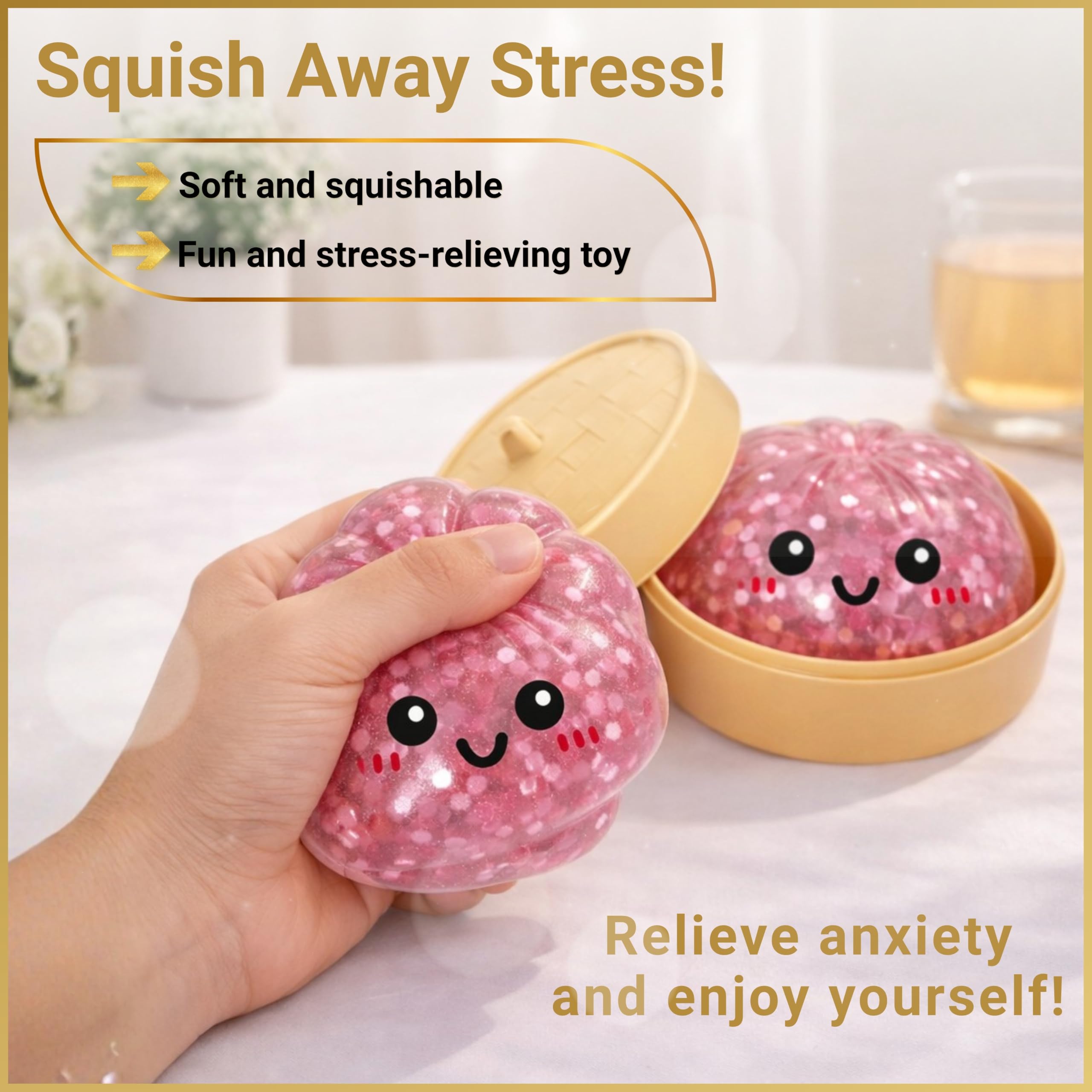 SHATCHI Large Pink Glitter Dumpling Squishy Toy with Steamer Box | Slow Rebound TPR | Ages 3+ 4