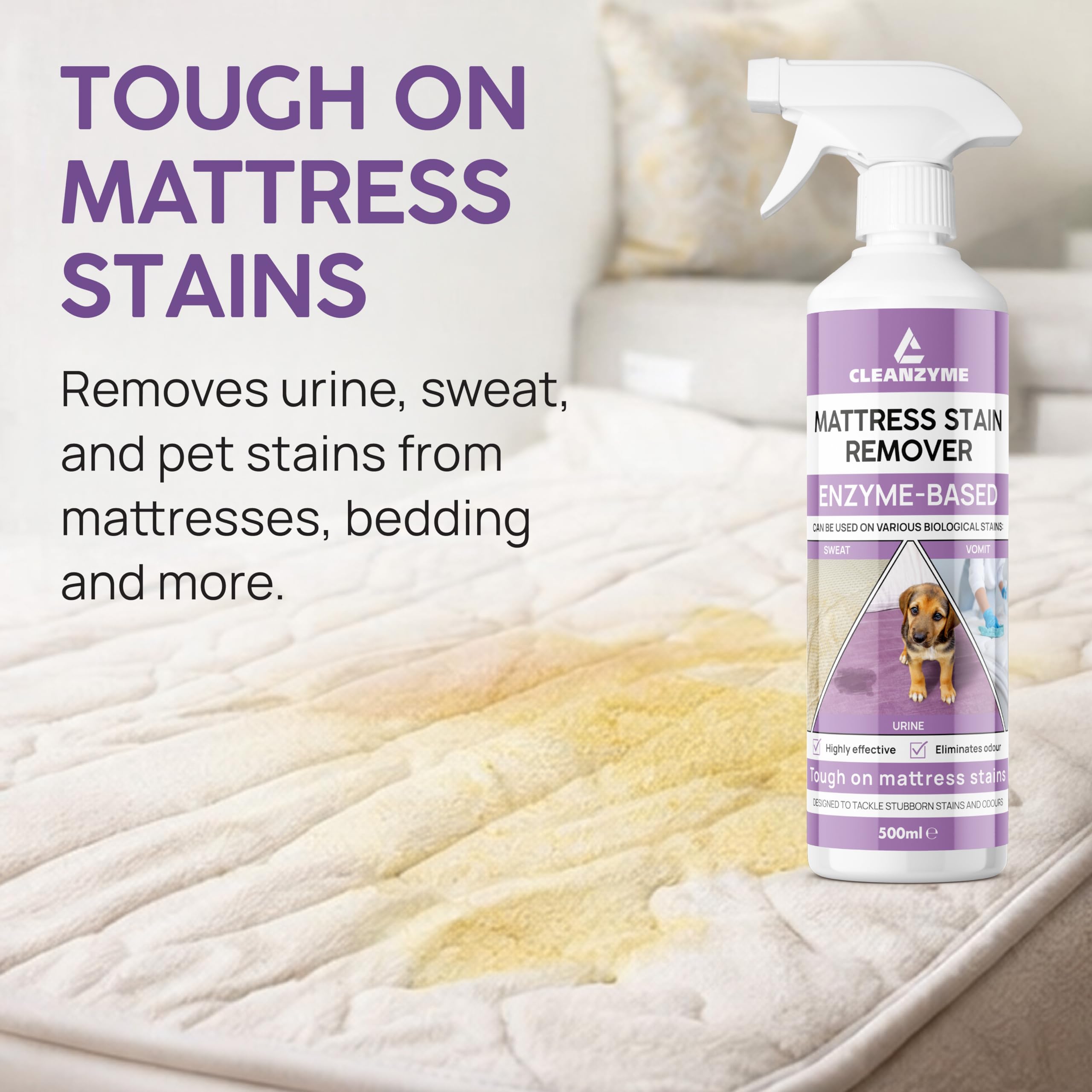 Cleanzyme Enzyme Mattress Stain Remover - Urine & Odour Eliminator | 500ml Spray Bottle | Fresh Scent 4