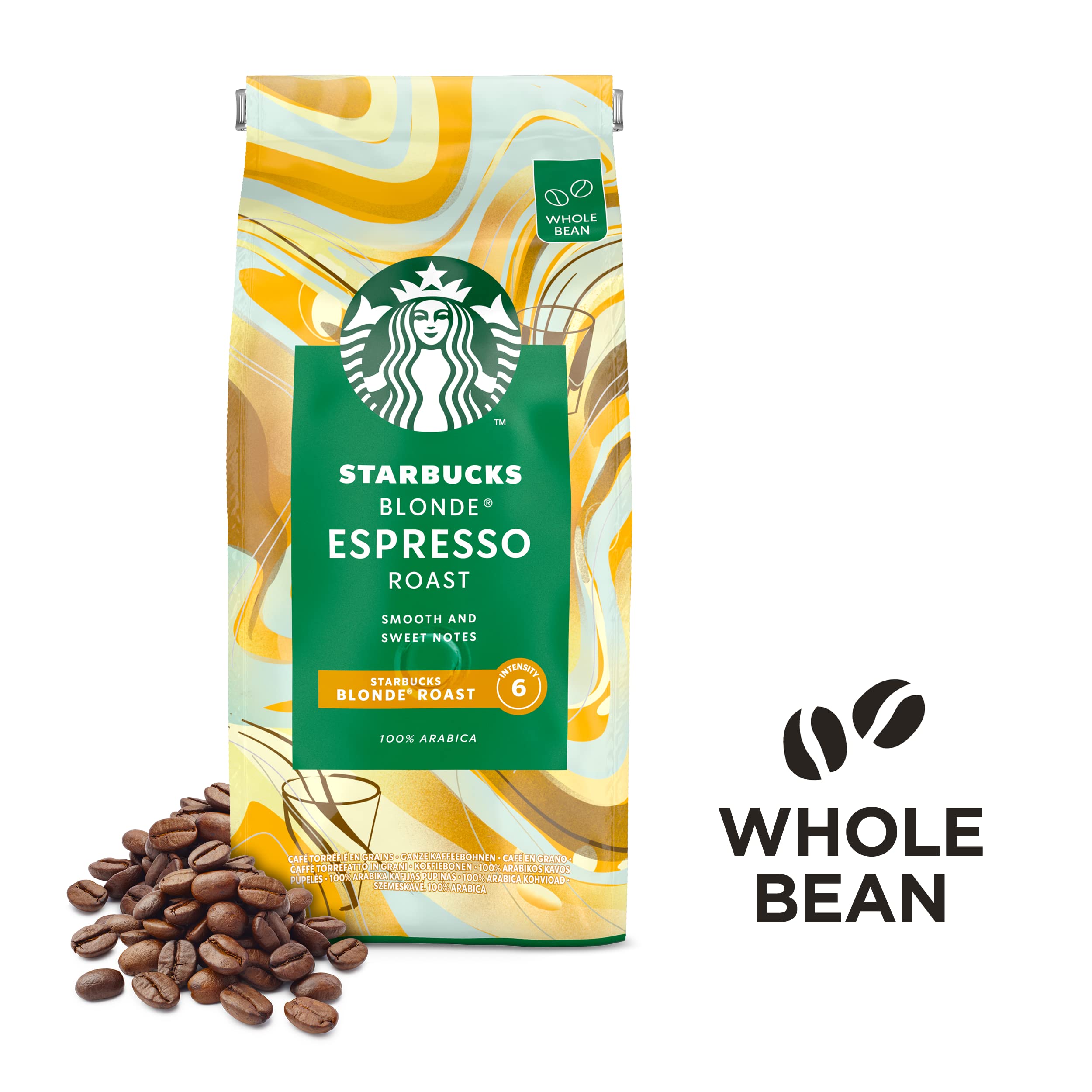 STARBUCKS Blonde Espresso Roast Whole Bean Coffee - Light Roast, Smooth & Sweet Notes | 4 x 450g Pack