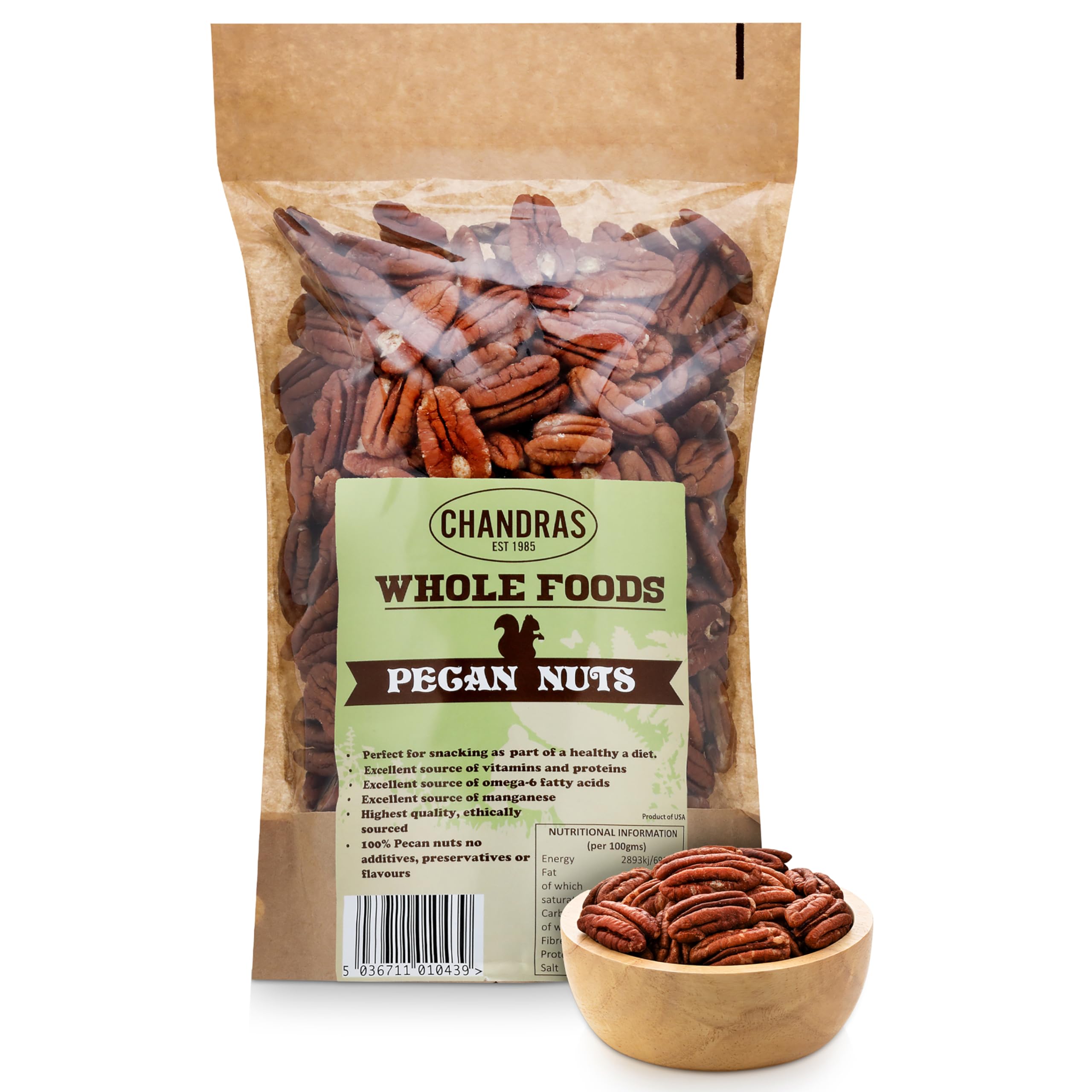 CHANDRA Pecan Nuts - 1kg Bag | Whole, Raw, Gluten-Free, Keto-Friendly