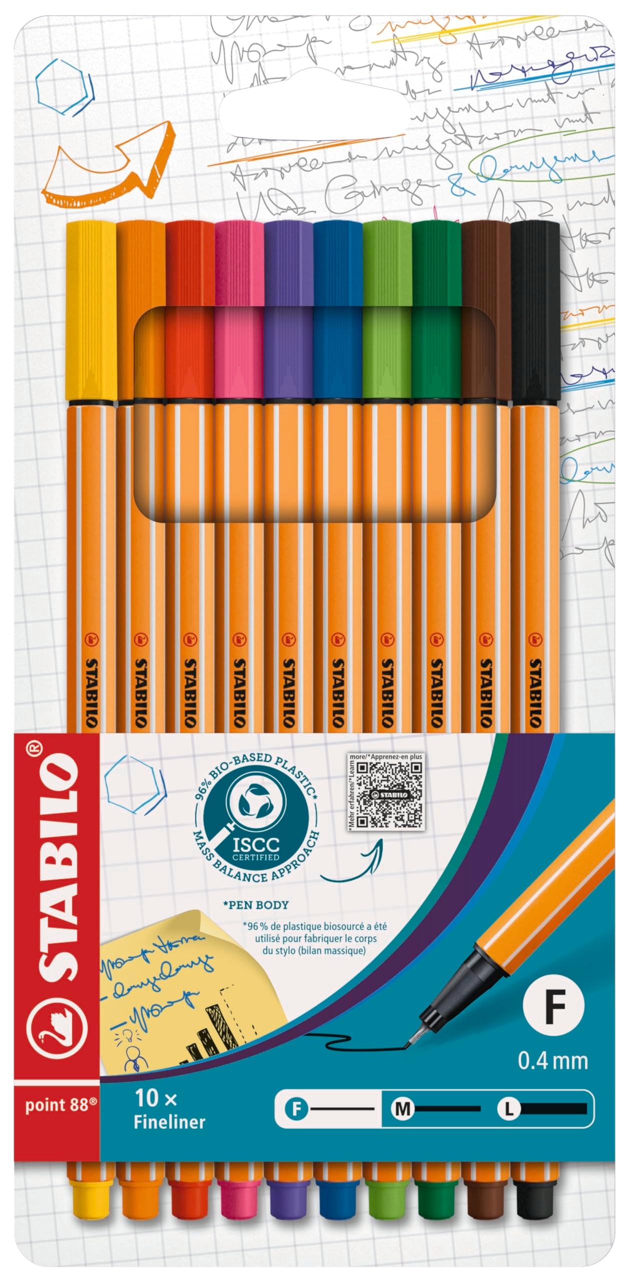STABILO point 88 Fineliner - 0.4mm Line Width | Pack of 10 Assorted Colours | Metal-Cased Tip