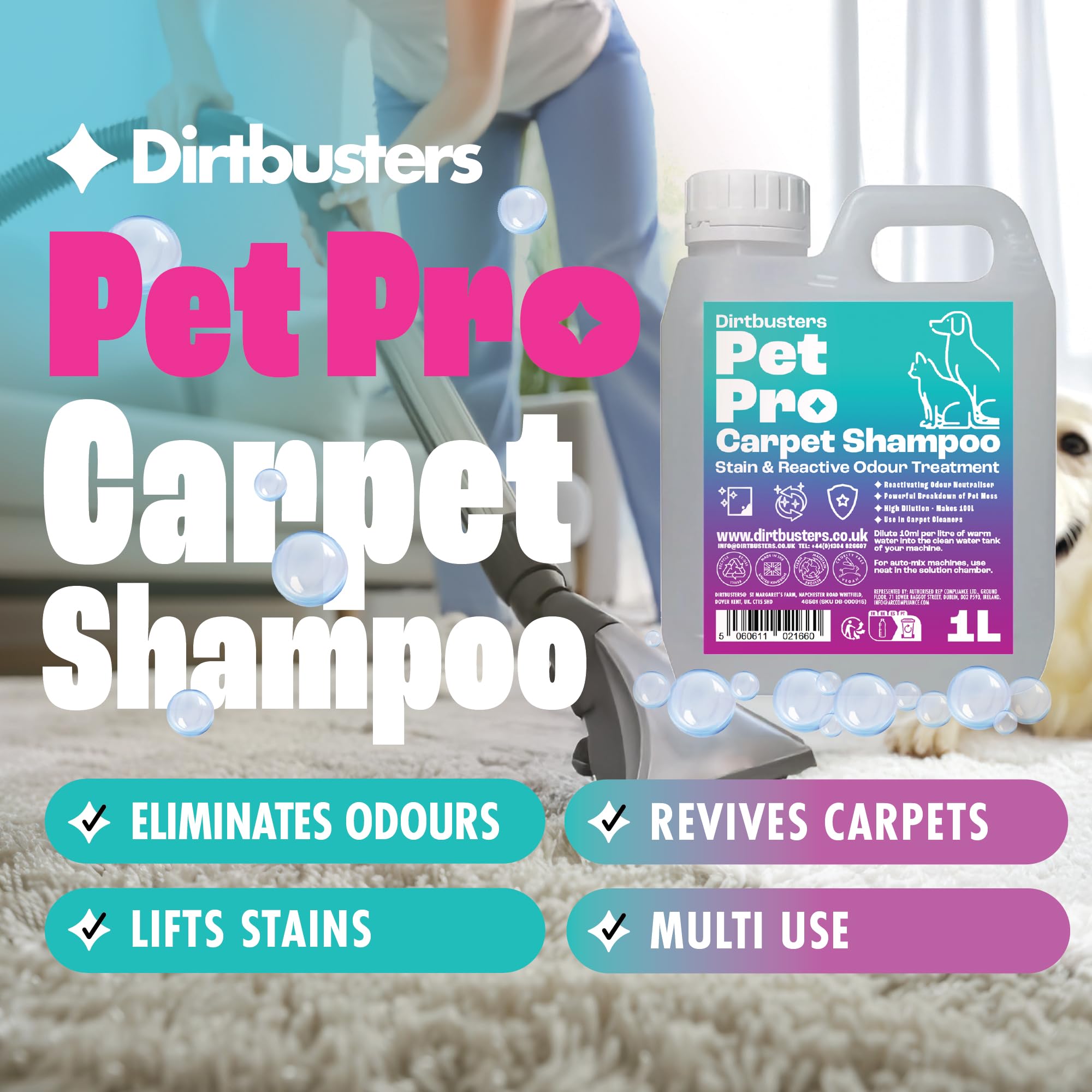 Dirtbusters Pet Pro Carpet Cleaner Shampoo - Concentrated 1L, Makes 100L, Low pH Formula 3