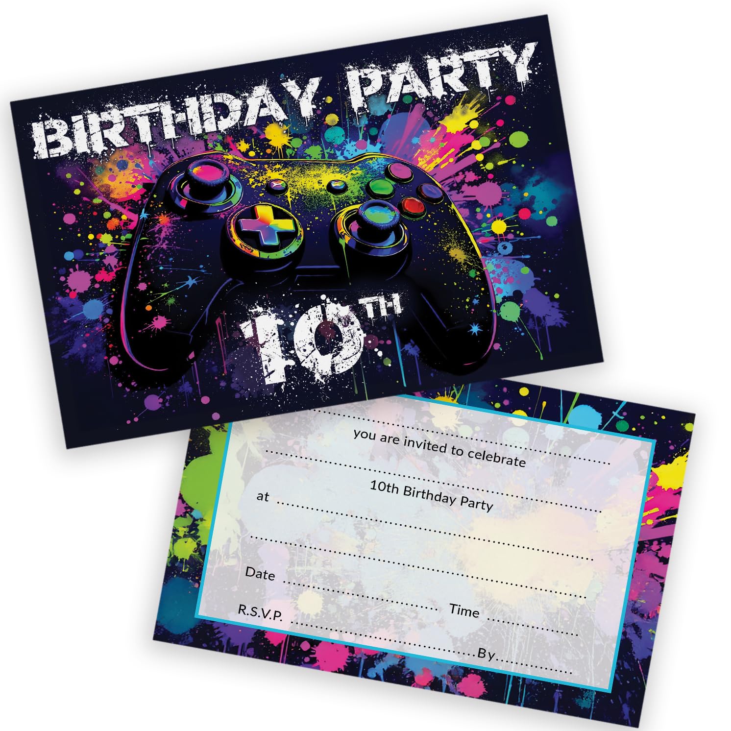 Stuff4 10th Birthday Video Gamer Invitations - 20 Pack A6 Folding Cards with Envelopes