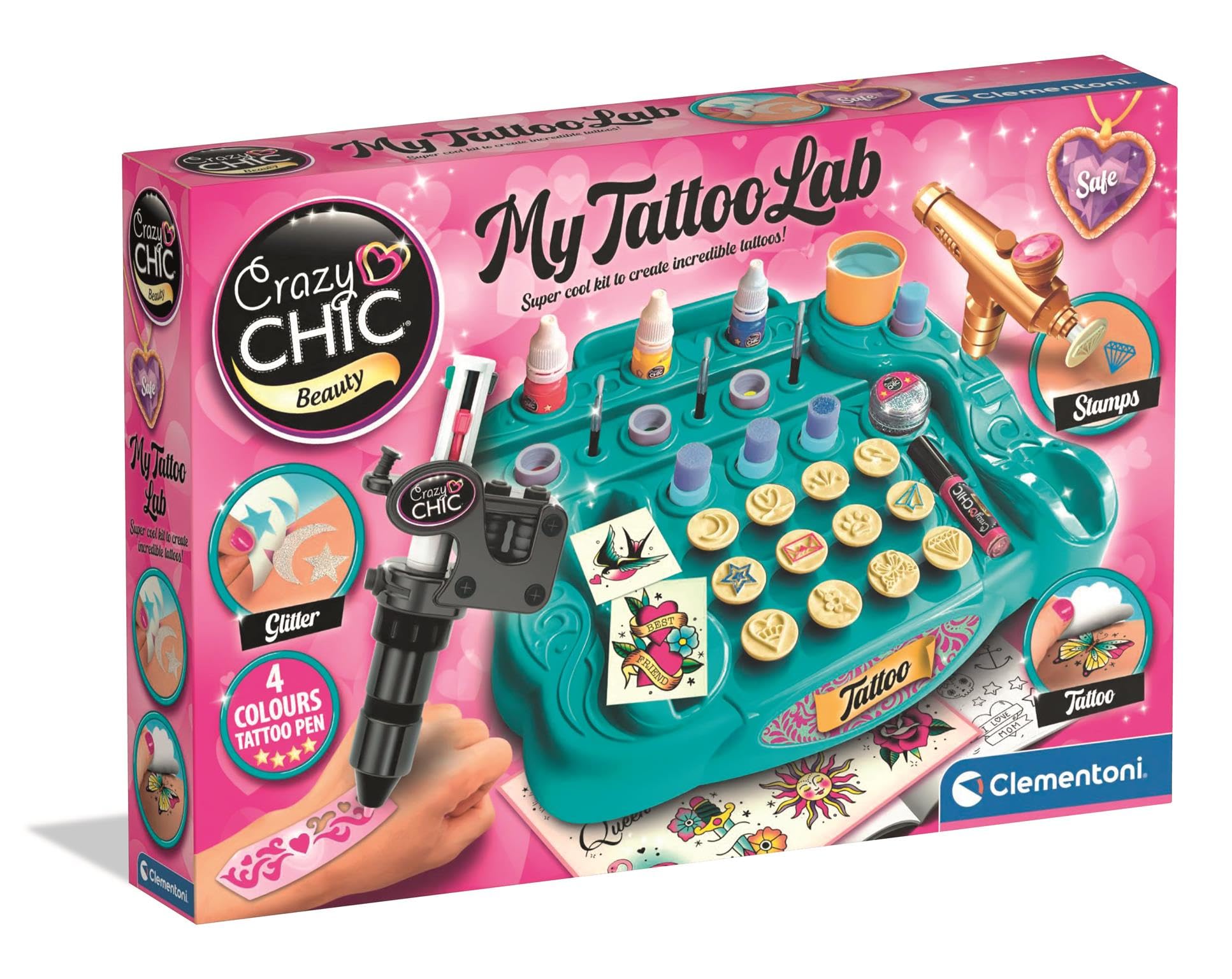 Clementoni Crazy Chic Studio Temporary Tattoo Kit for Kids with Stencils and Body Art Tools