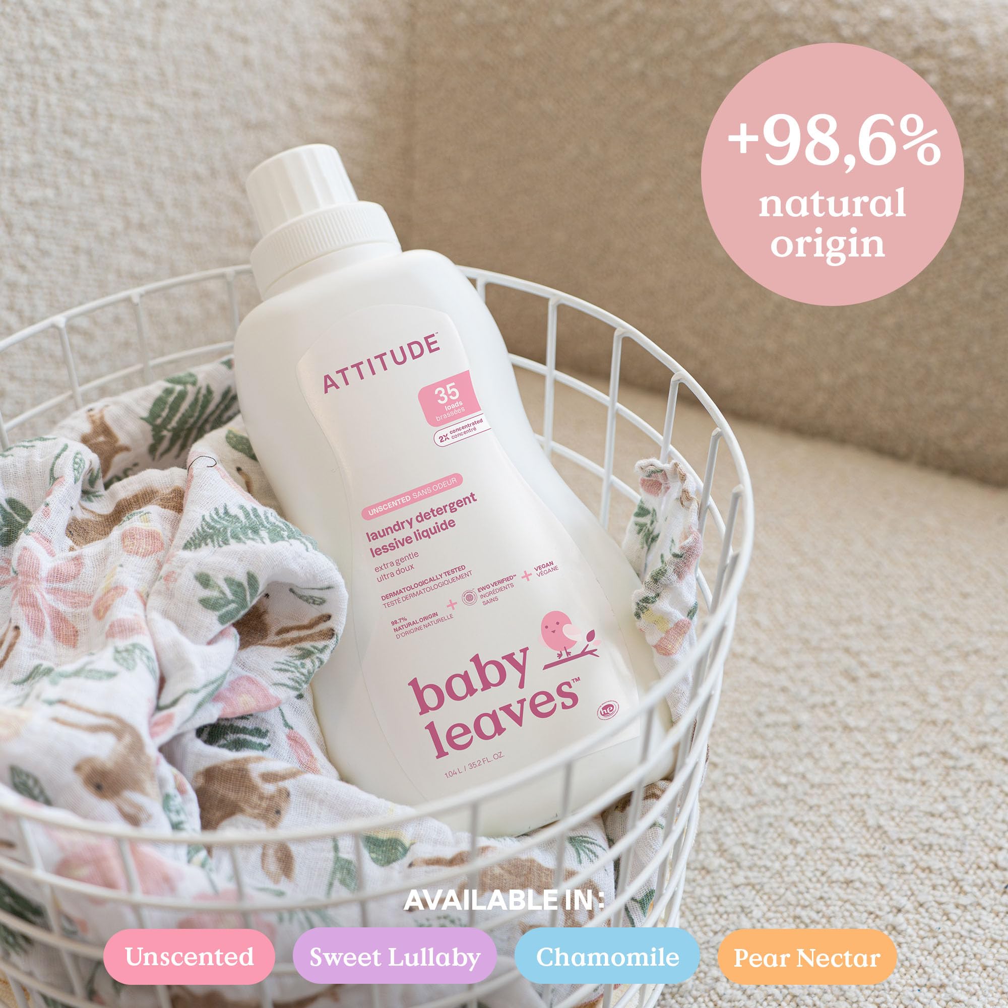 ATTITUDE Baby Laundry Detergent Liquid, EWG Verified, Unscented, 1.05 L