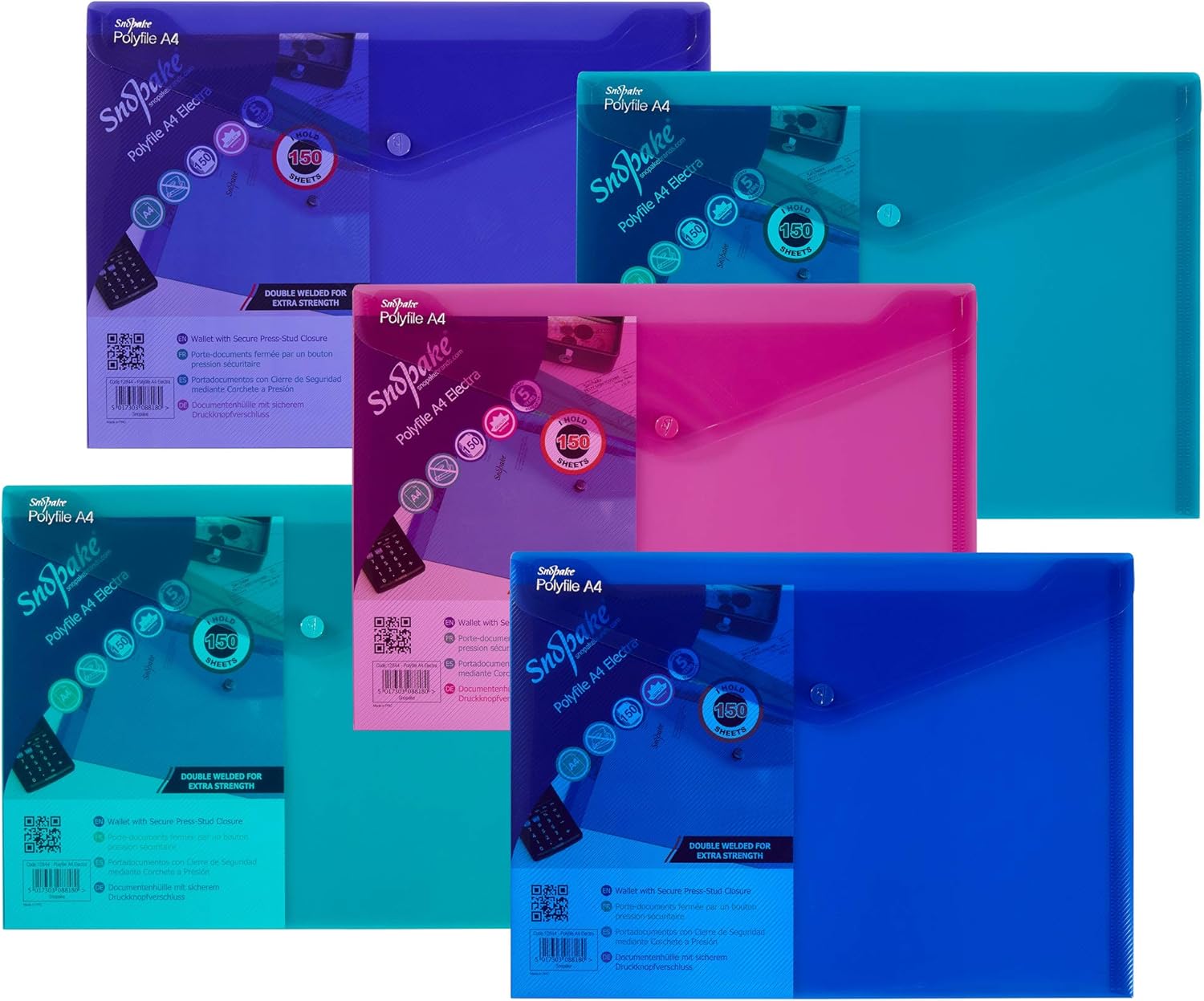 Snopake 12844 Polyfile A4 Popper Wallet File with Press Stud Electra Assorted Co 8