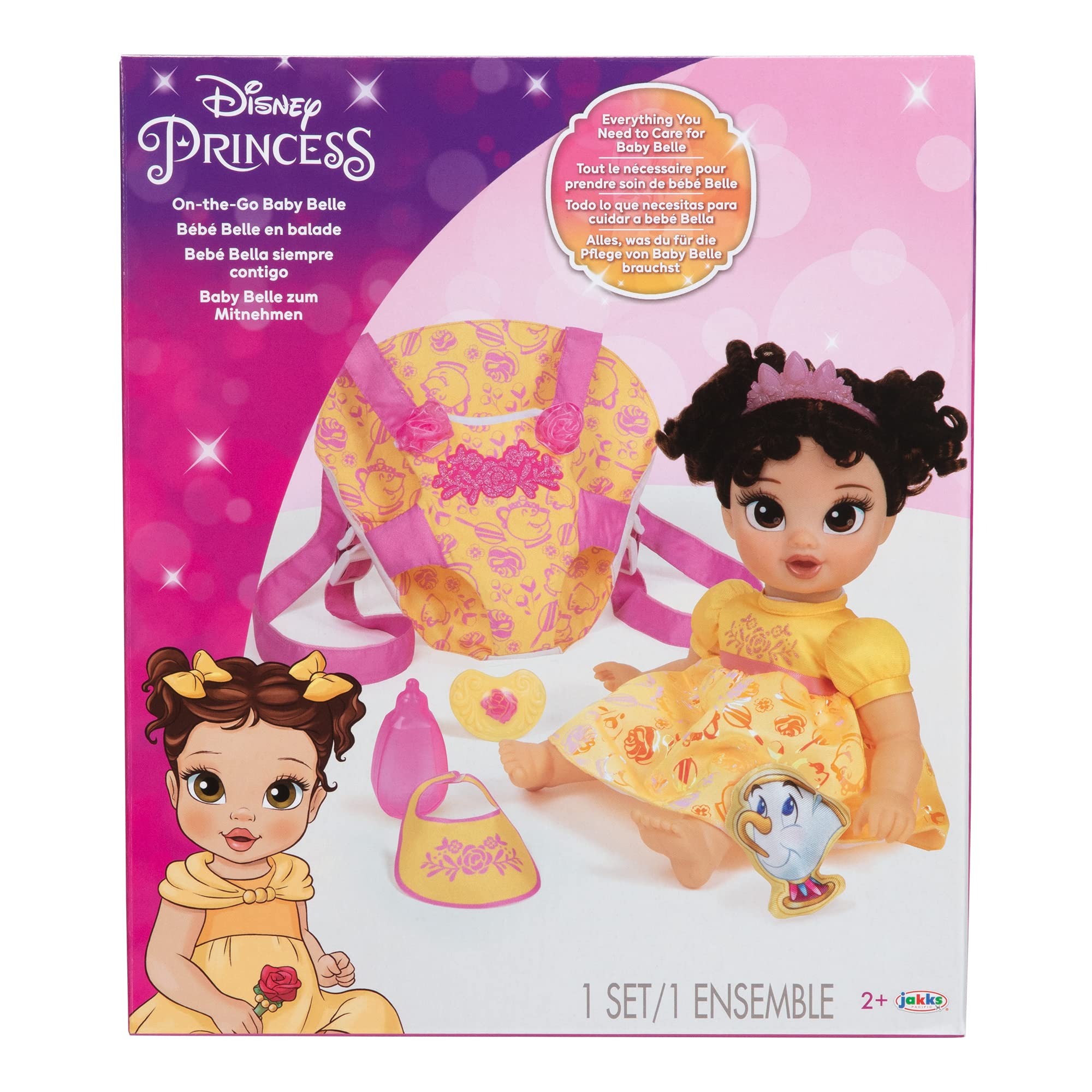 Disney Princess Baby Belle Doll with Carrier Set by Jakks Pacific | Includes Chip Plush Friend | Ages 2+ 7