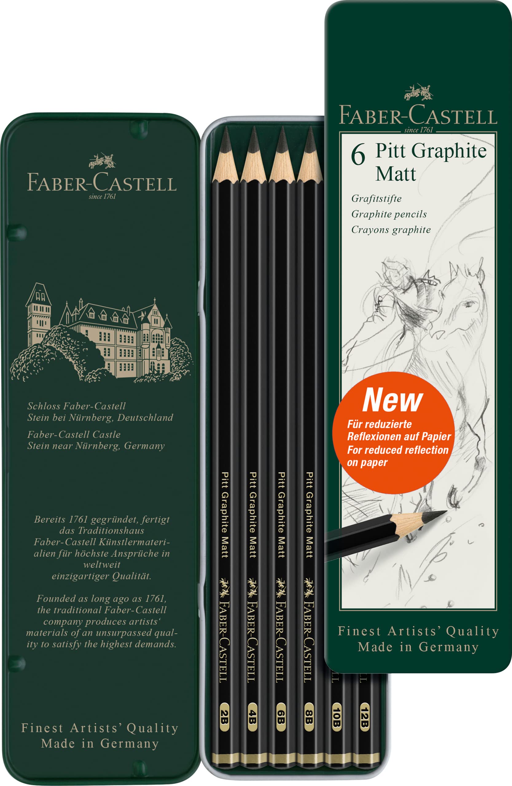 Faber-Castell Art & Graphic Pitt Graphite Matt Pencil - Ultra Matt Laydown | 8 Degrees HB to 14B | Tin of 6 1