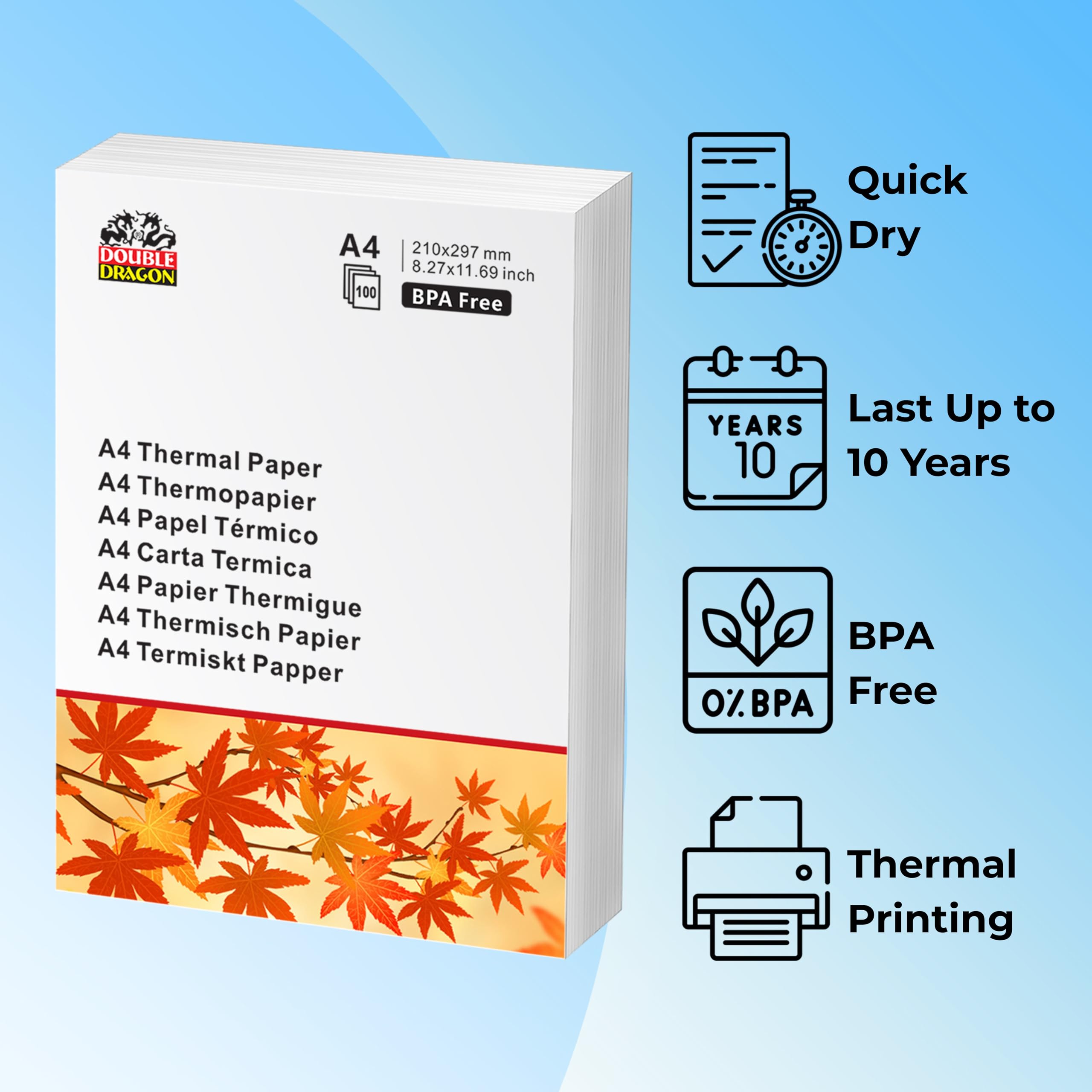 Double Dragon A4 Thermal Printer Paper - Ink-Free Printing | 100 Sheets | 210x297mm