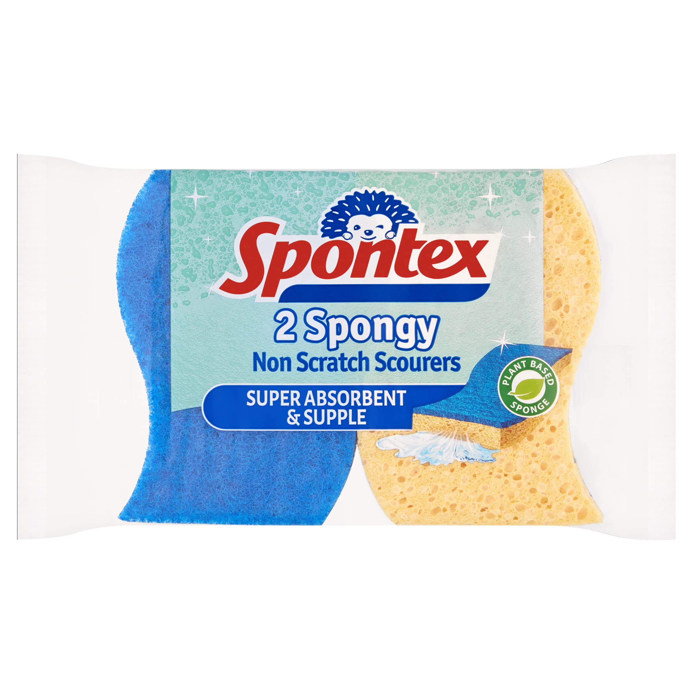 Spontex Non Scratch Super Absorbent Sponge Scourers - Pack of 2, Yellow/Blue | Biodegradable Cellulose 2