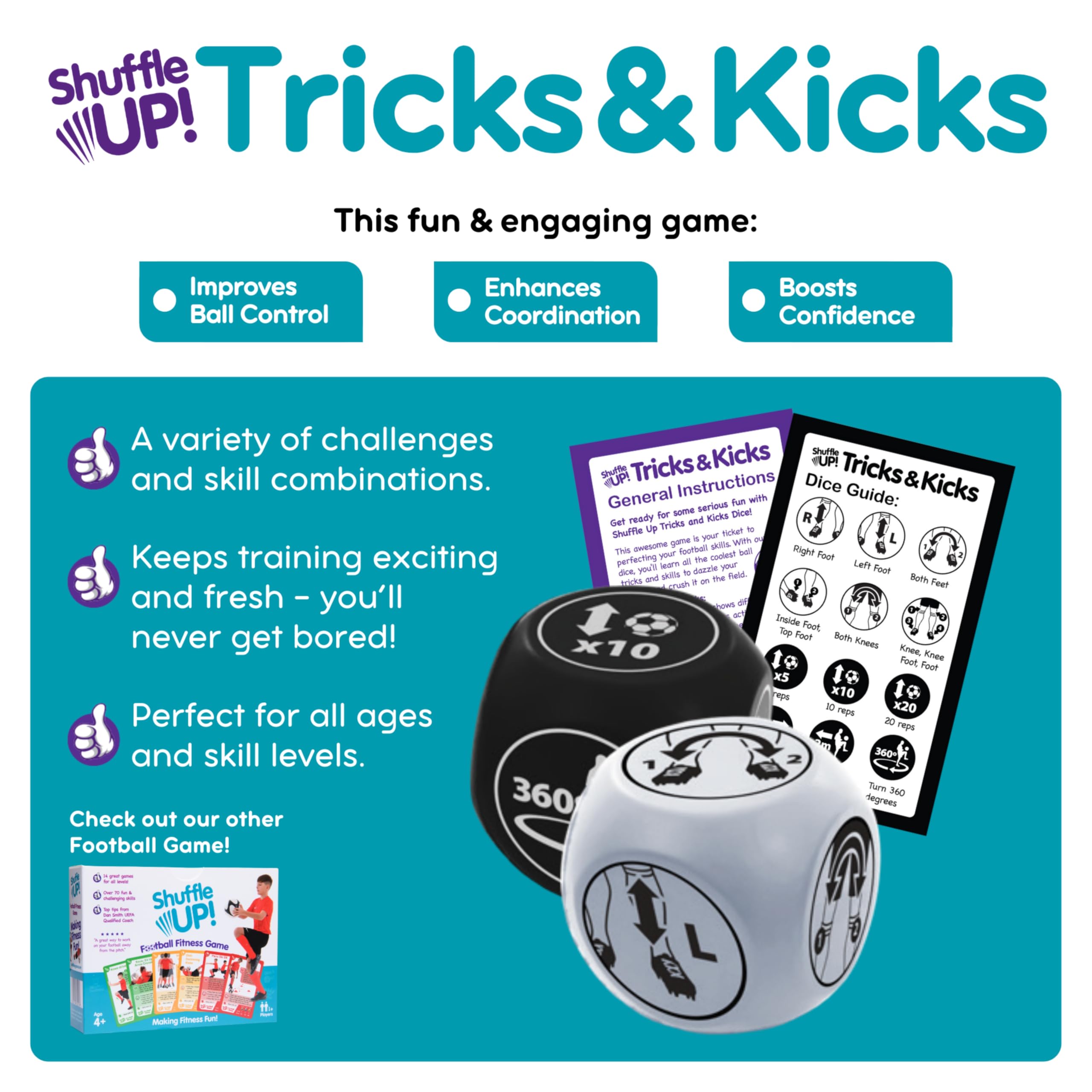 Shuffle Up Tricks & Kicks Football Dice Game - Keepy Uppy Training Dice for Kids and Teens