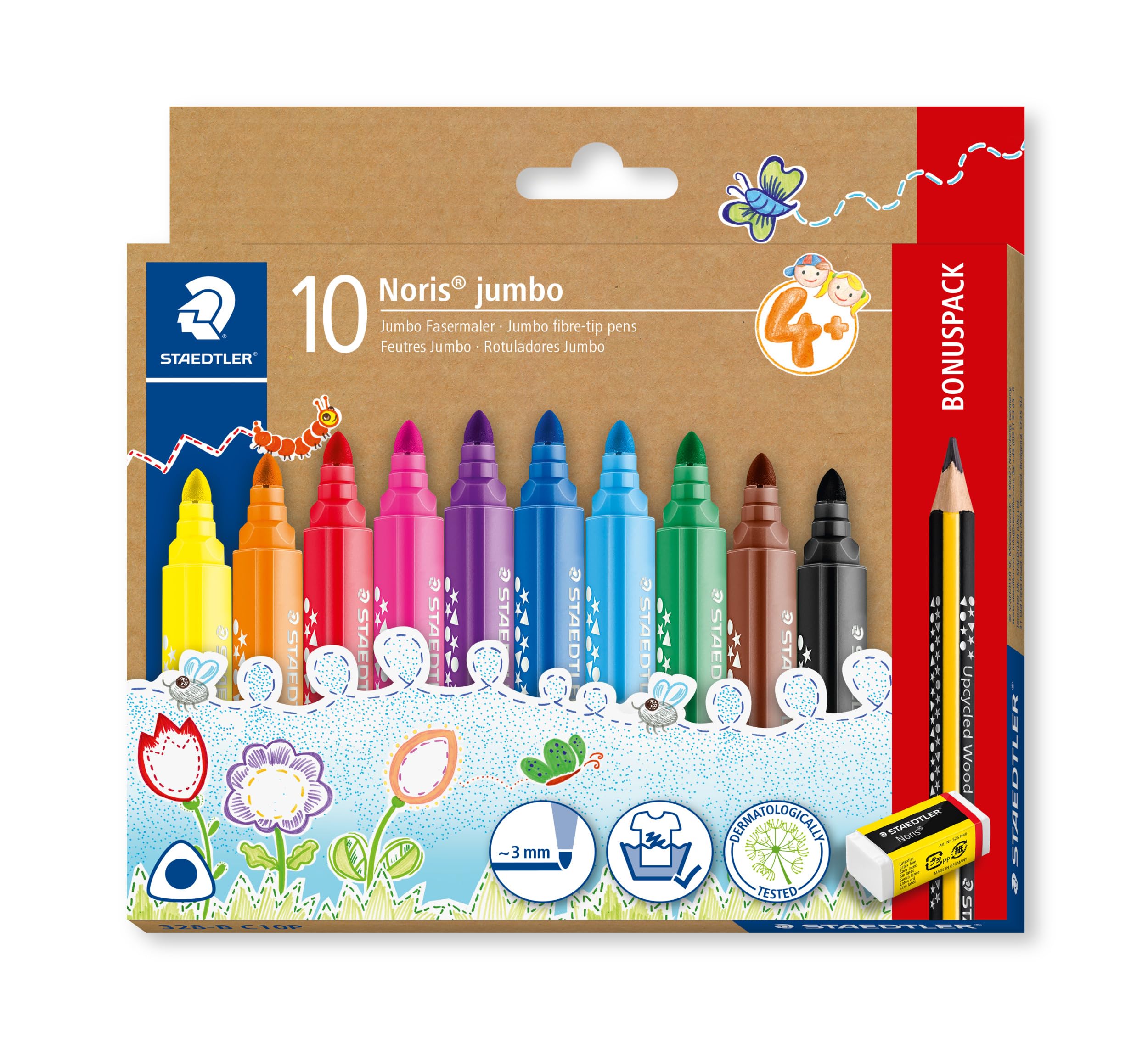 STAEDTLER Noris Jumbo Colouring Markers for Toddlers - Pack of 10 Assorted Colours | Water-Based Ink 1