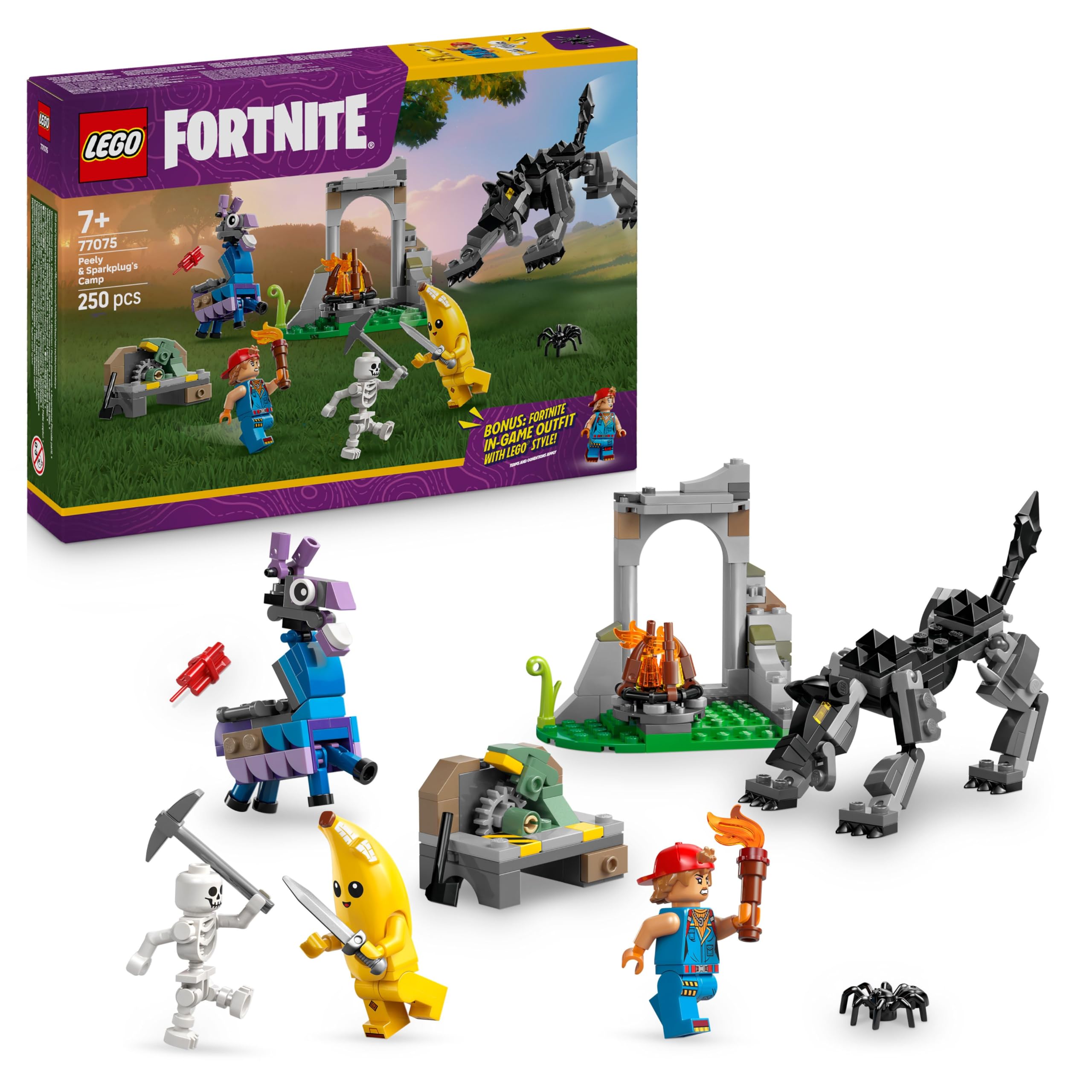 LEGO Fortnite Peely & Sparkplug’s Camp Building Set 77075 - Includes 3 Minifigures & Supply Llama Figure