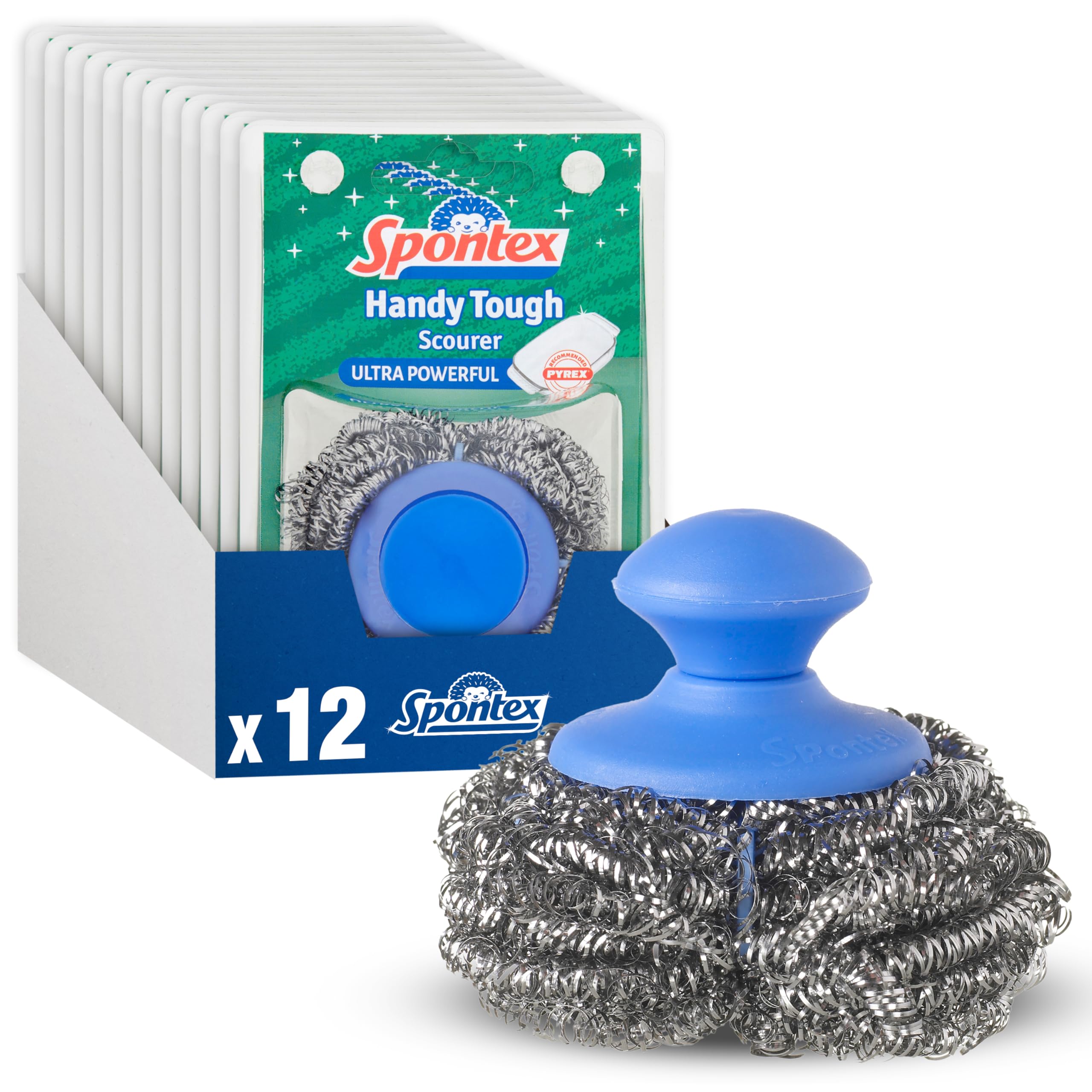 Spontex Handy Tough Kitchen Scourers with Handle - Wire Wool Scouring Pads for Pots, Pans & BBQs