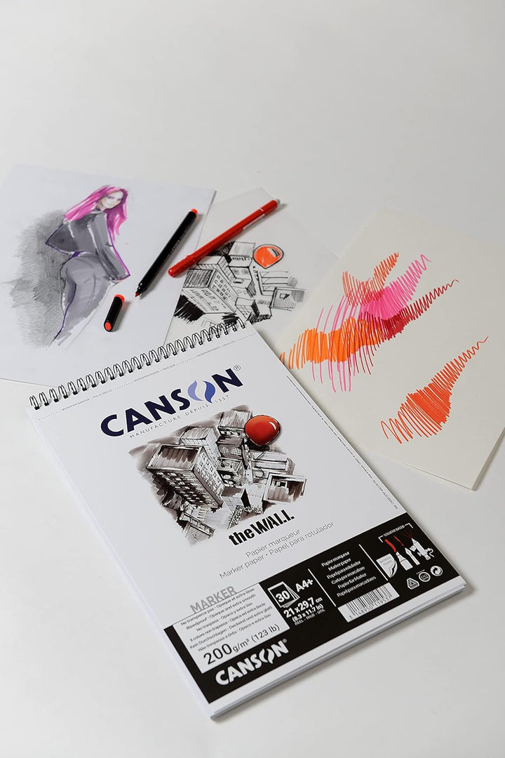 CANSON The Wall Marker 200gsm A4 Paper, Extra Smooth, Spiral Pad Short Side, 30 Sheets