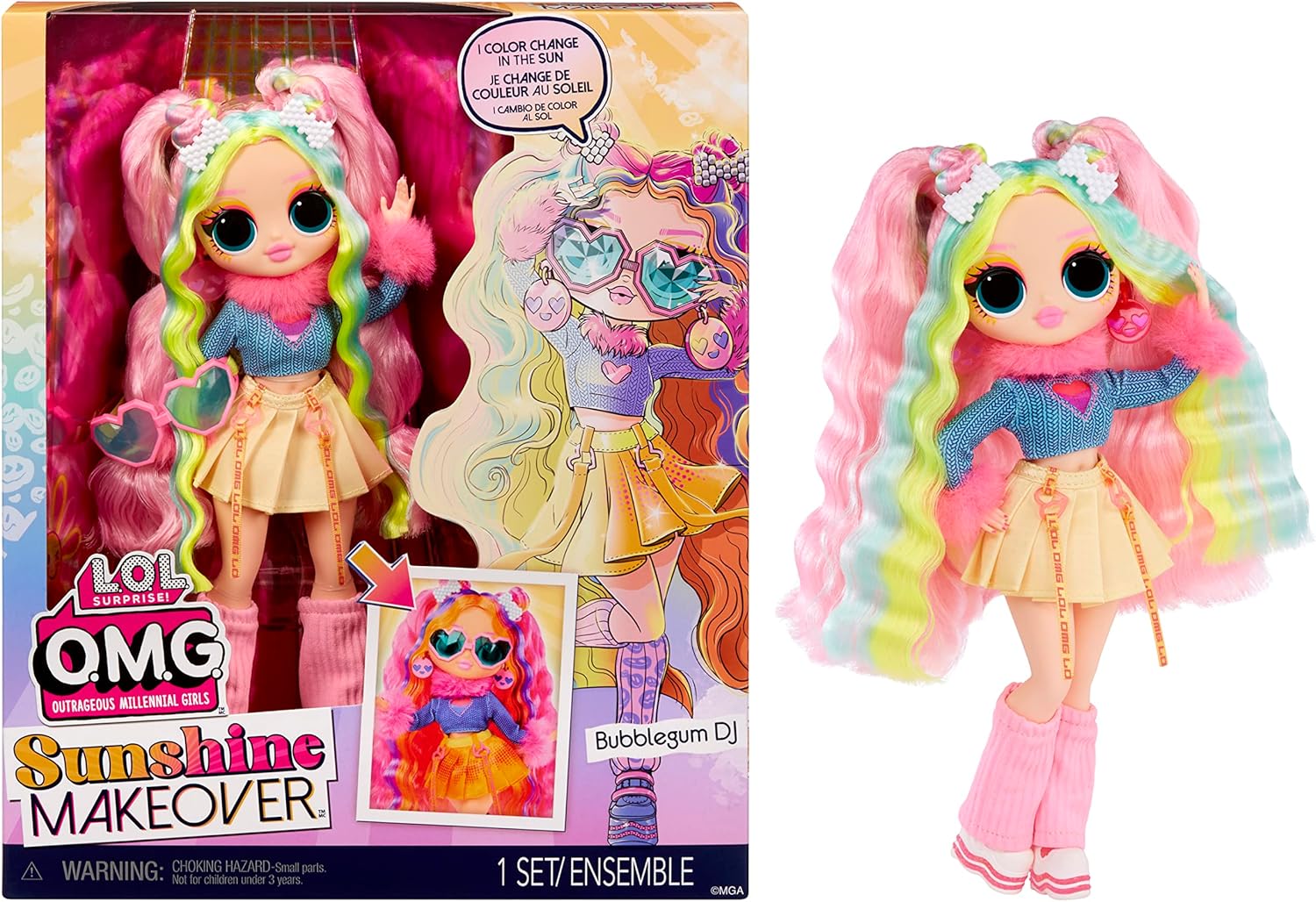 LOL Surprise OMG Sunshine Makeover Fashion Doll - Bubblegum DJ - Color Change Playset 1