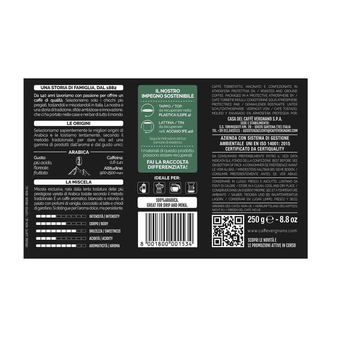 Caffè Vergnano 1882 100% Arabica Ground Coffee for Moka Pot - 250g Tin
