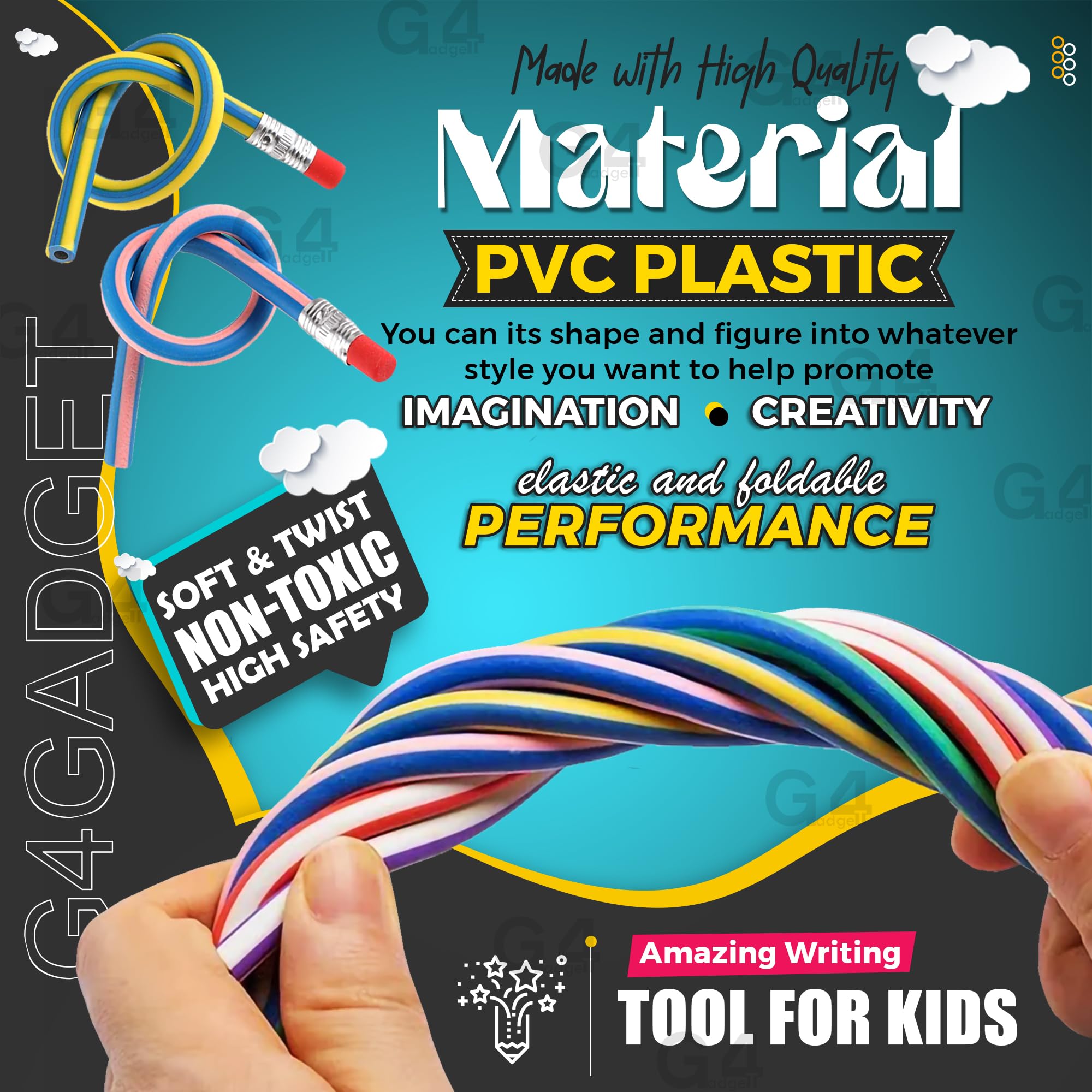 G4GADGET Soft Flexible Bendy Pencils - Plastic Material, Multicolor Ink, Includes Eraser | 10 Count 5