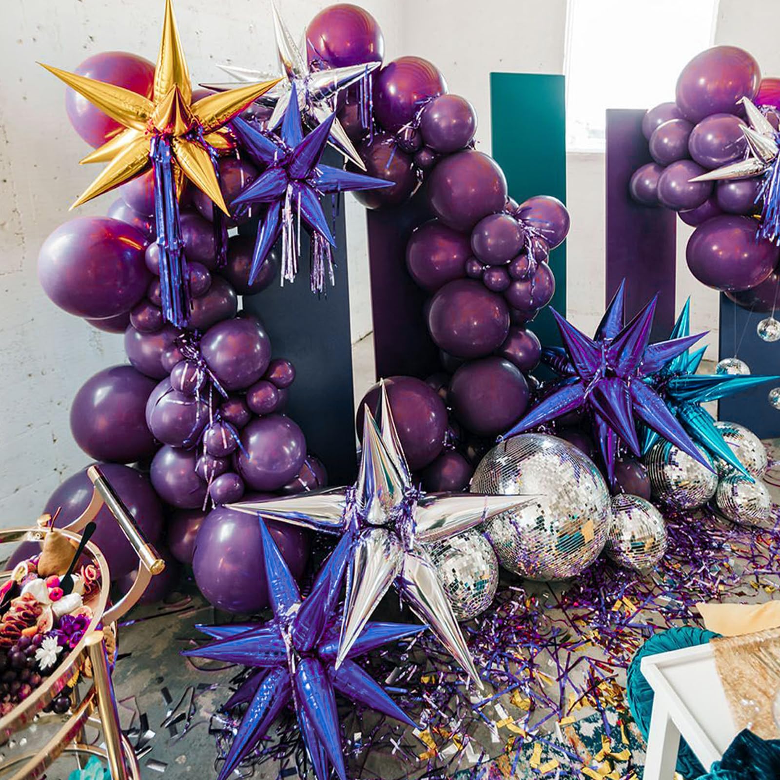 PartyWoo - Purple Star Balloons 6 pcs, One-Piece 14-Pointed Starburst Foil Balloons 27 & 22 inch with Ribbon 11