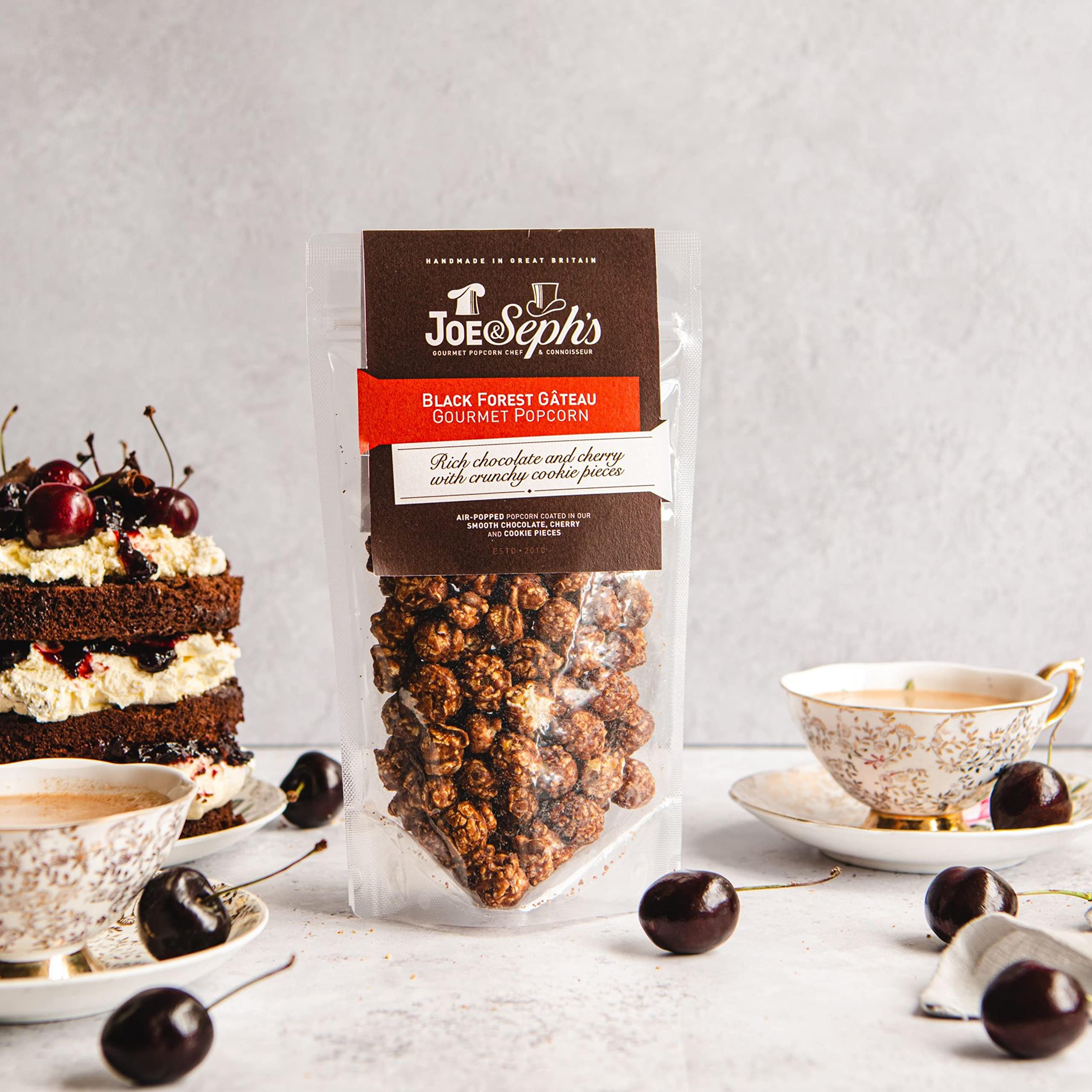 Joe & Seph's Black Forest Gâteau Gourmet Popcorn, 70g - Handmade Air-Popped Snack with Belgian Chocolate & Cherry