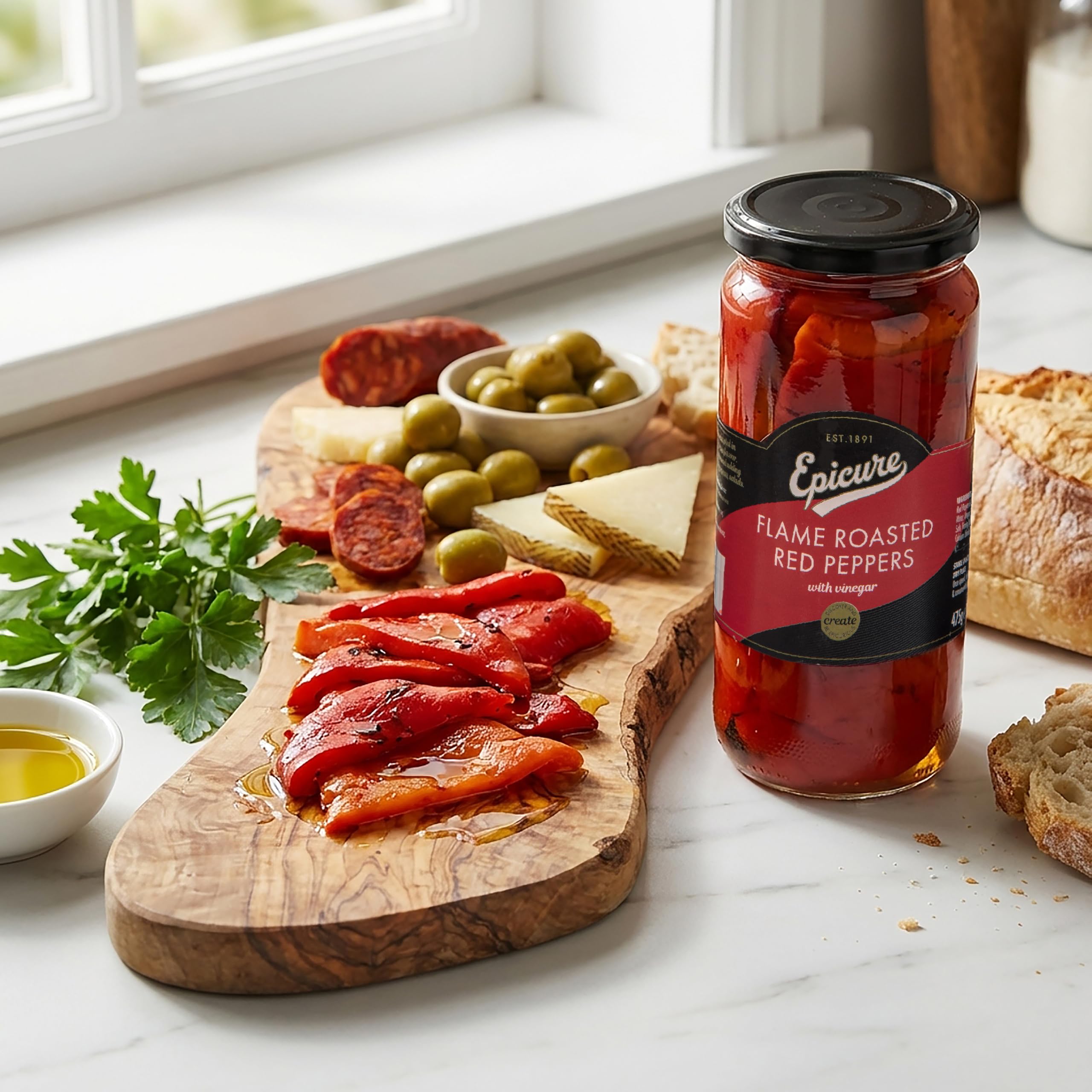 Epicure Flame Roasted Red Peppers Jar, Vinegar Infused | 480g Sliced Peppers