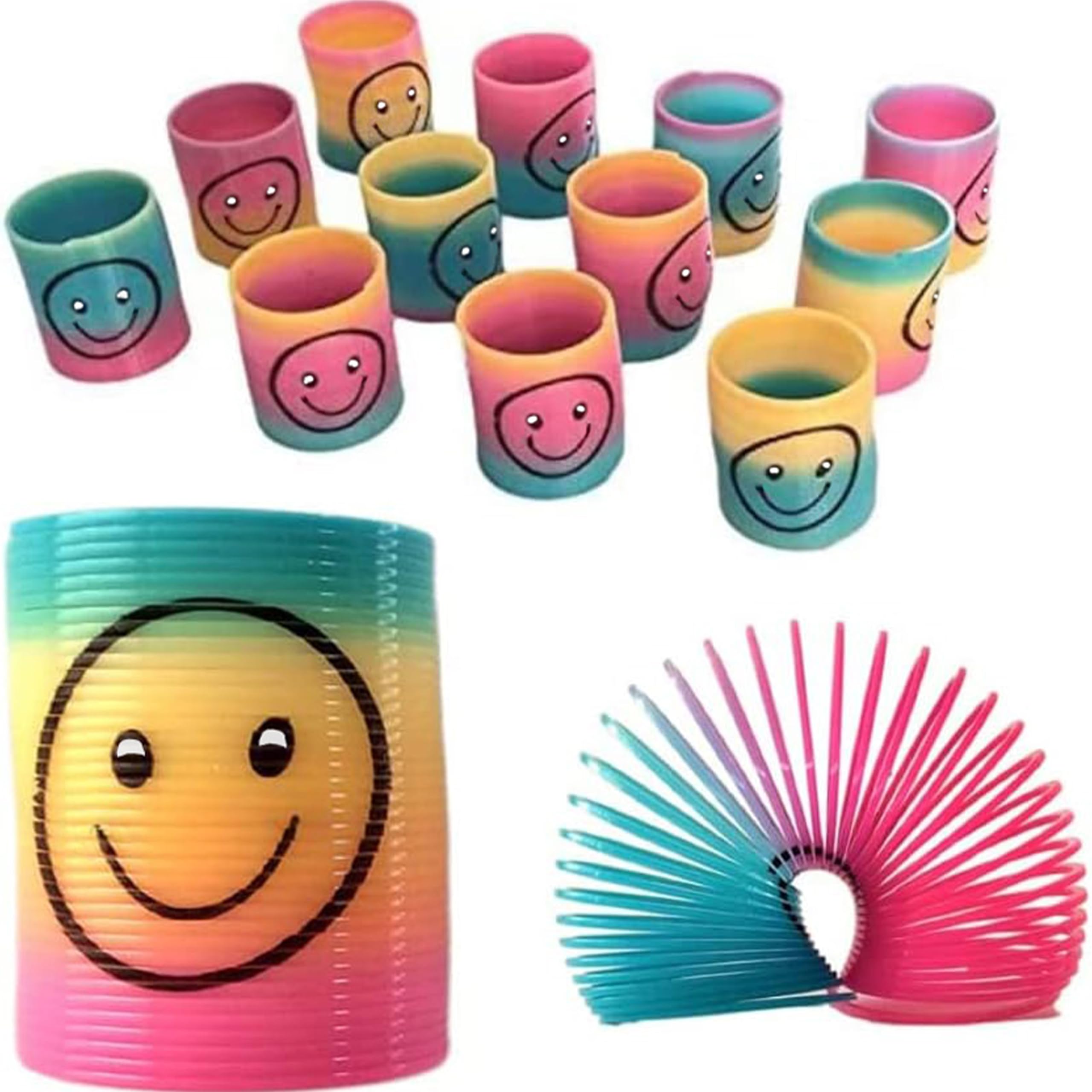 SHATCHI Mini Smile Face Springs - 12 Pcs Rainbow Slinky Fidget Toys for Kids | Stretches to 1 Meter