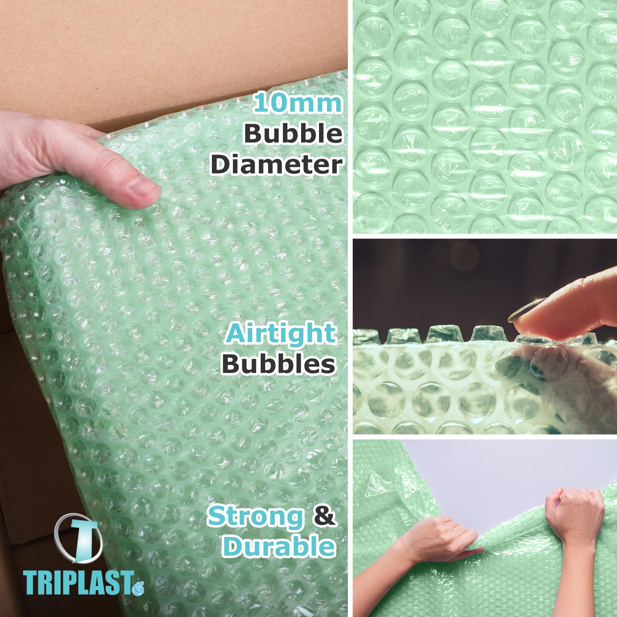 Triplast Biodegradable Green Bubble Wrap Roll - 400mm x 25m | Small 10mm Bubbles | Recycled Content 4