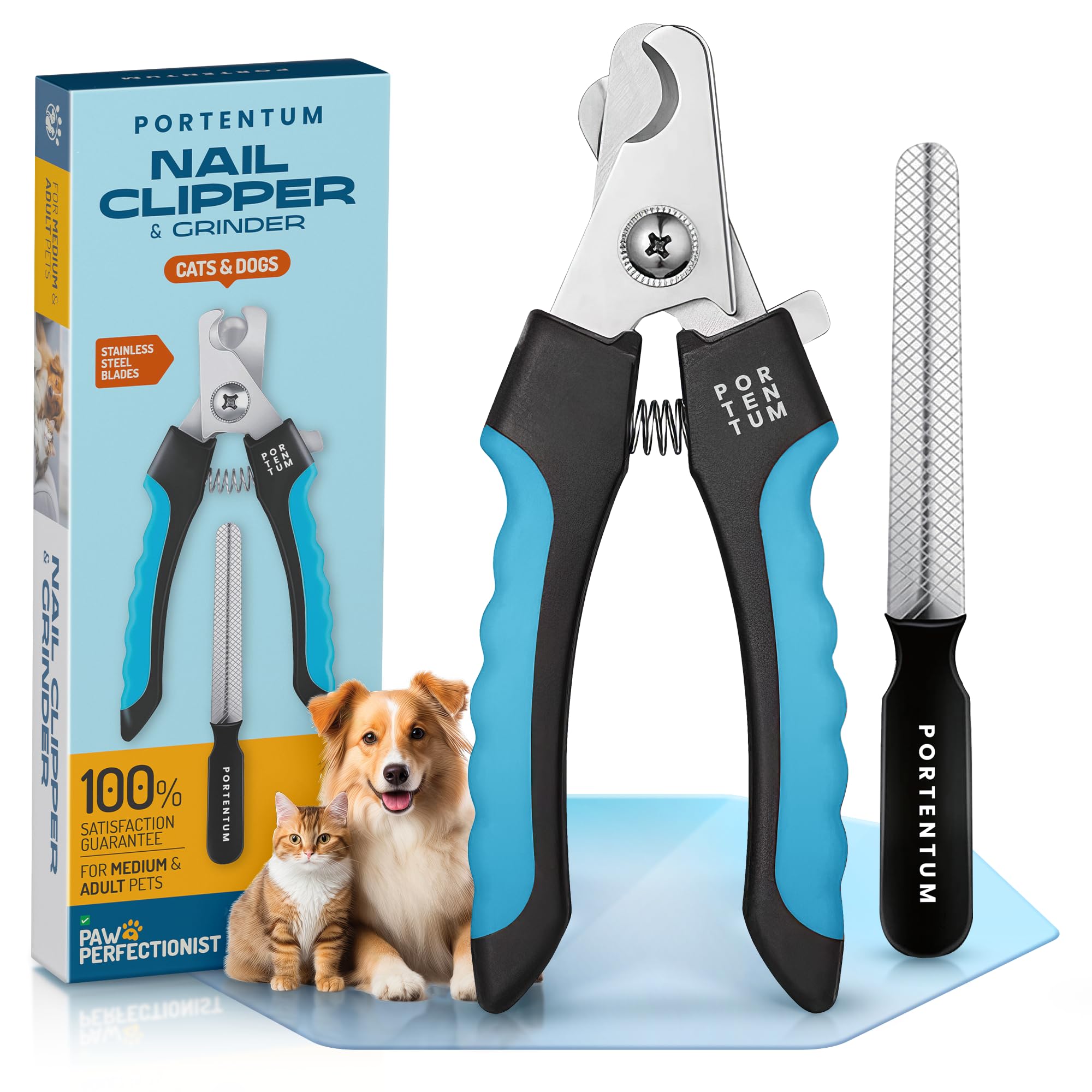 PORTENTUM Dog Nail Clippers - Professional Stainless Steel Grooming Tool for Medium & Large Breeds | Includes Nail File | Blue