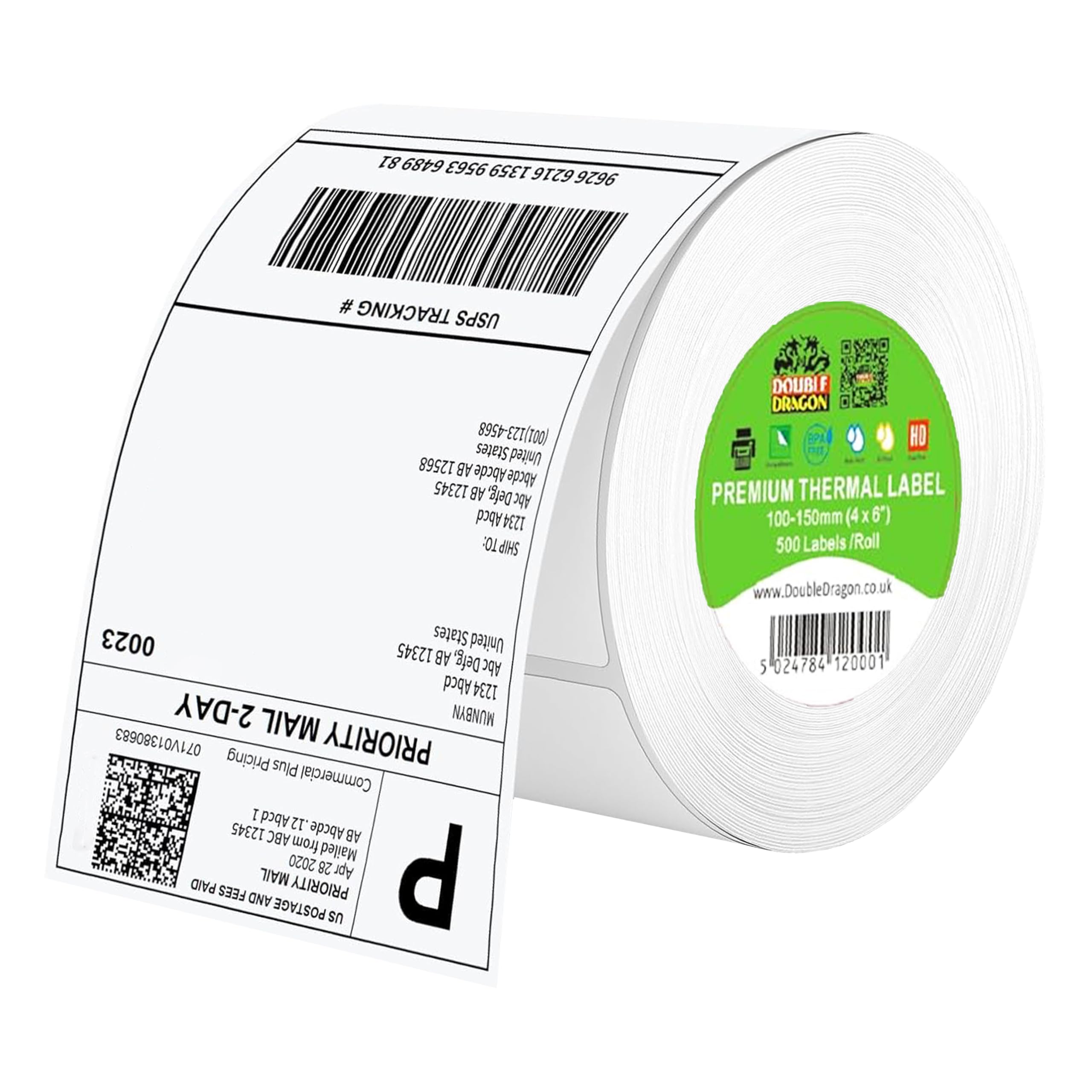 Double Dragon Direct Thermal Shipping Labels - 100x150mm (4"x6"), 500 Labels/Roll