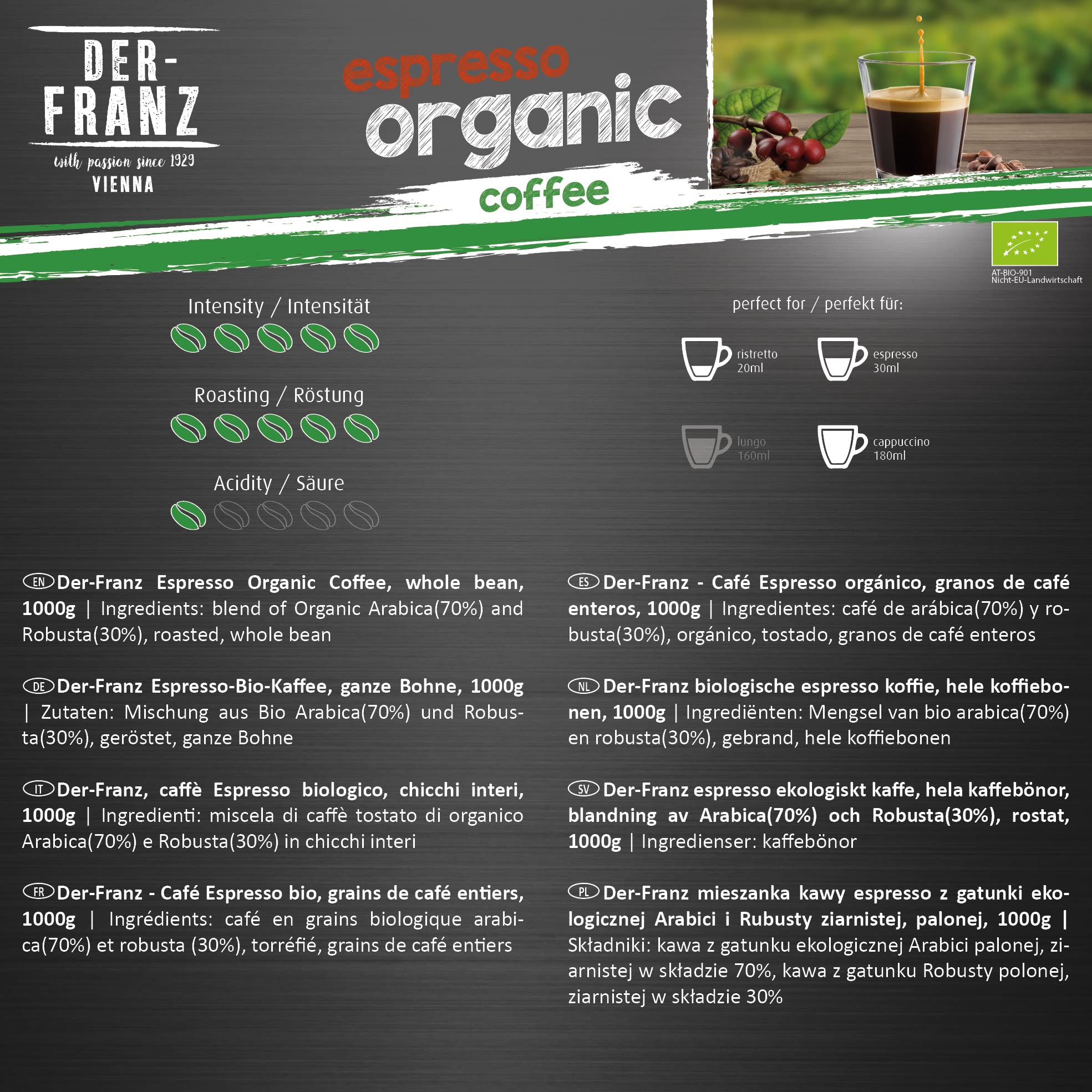 Der-Franz Espresso Organic Whole Coffee Beans - 1000g | 70% Arabica, 30% Robusta 3