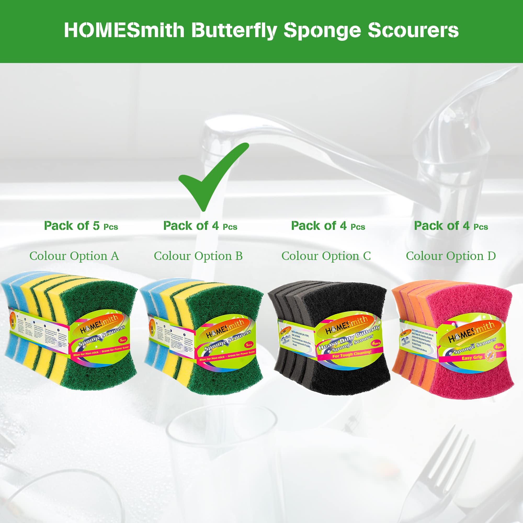 HomeSmith Heavy Duty Butterfly Washing Up Sponge Scourers - Pack of 4 | Dual-Sided Scrubbing | Yellow & Blue 3