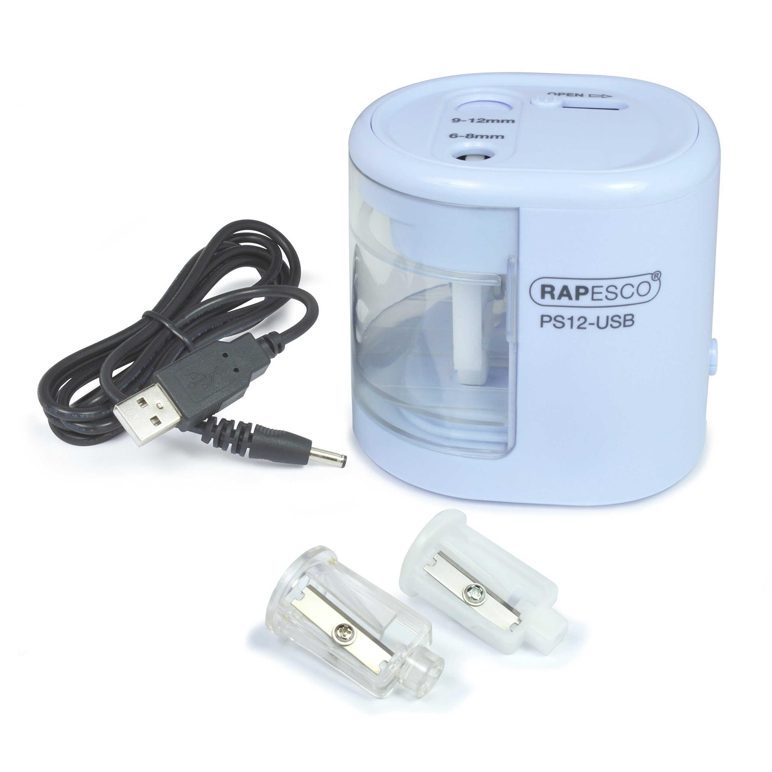 RAPESCO PS12-USB Automatic Electric Pencil Sharpener | Dual Hole | USB/Battery Powered | Powder Blue