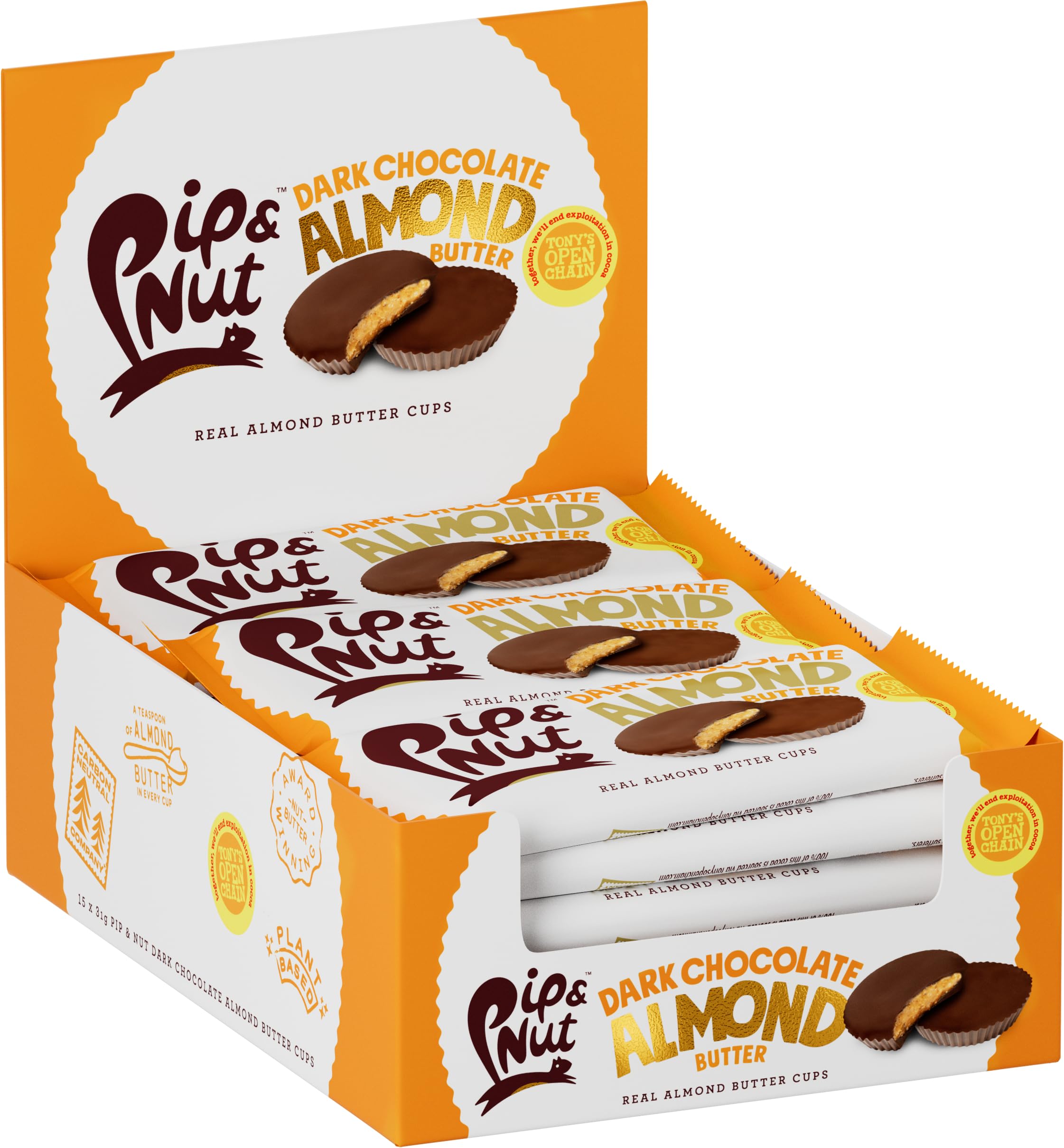 Pip & Nut Dark Chocolate Almond Butter Cups - 15 Pack (2 Cups per Pack) | Sustainably Sourced Chocolate