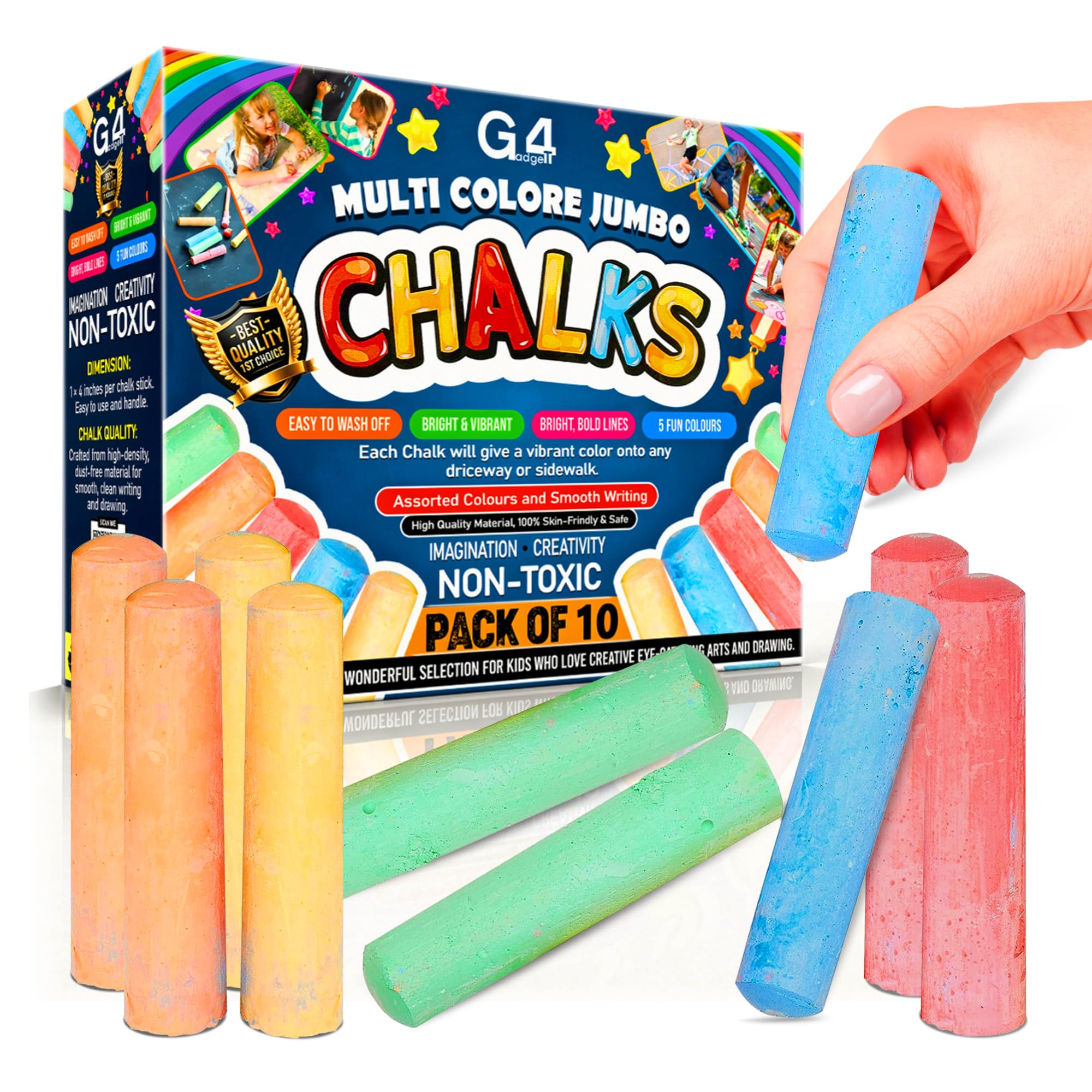 G4GADGET Jumbo Chalks for Kids – 10 Pack Giant Chunky Outdoor Pavement Chalk | Washable & Non-Toxic 1