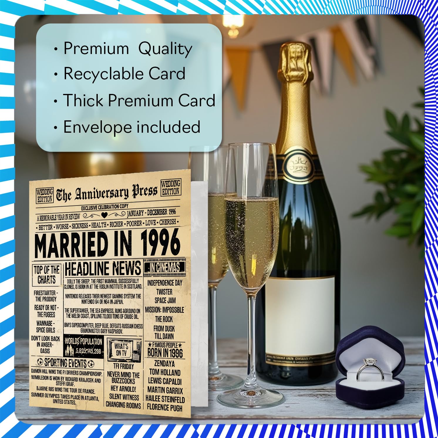 Stuff4 30th Anniversary Card for Couples - Vintage Newspaper Married in 1996 | 5x7 Inch Greeting Card 3