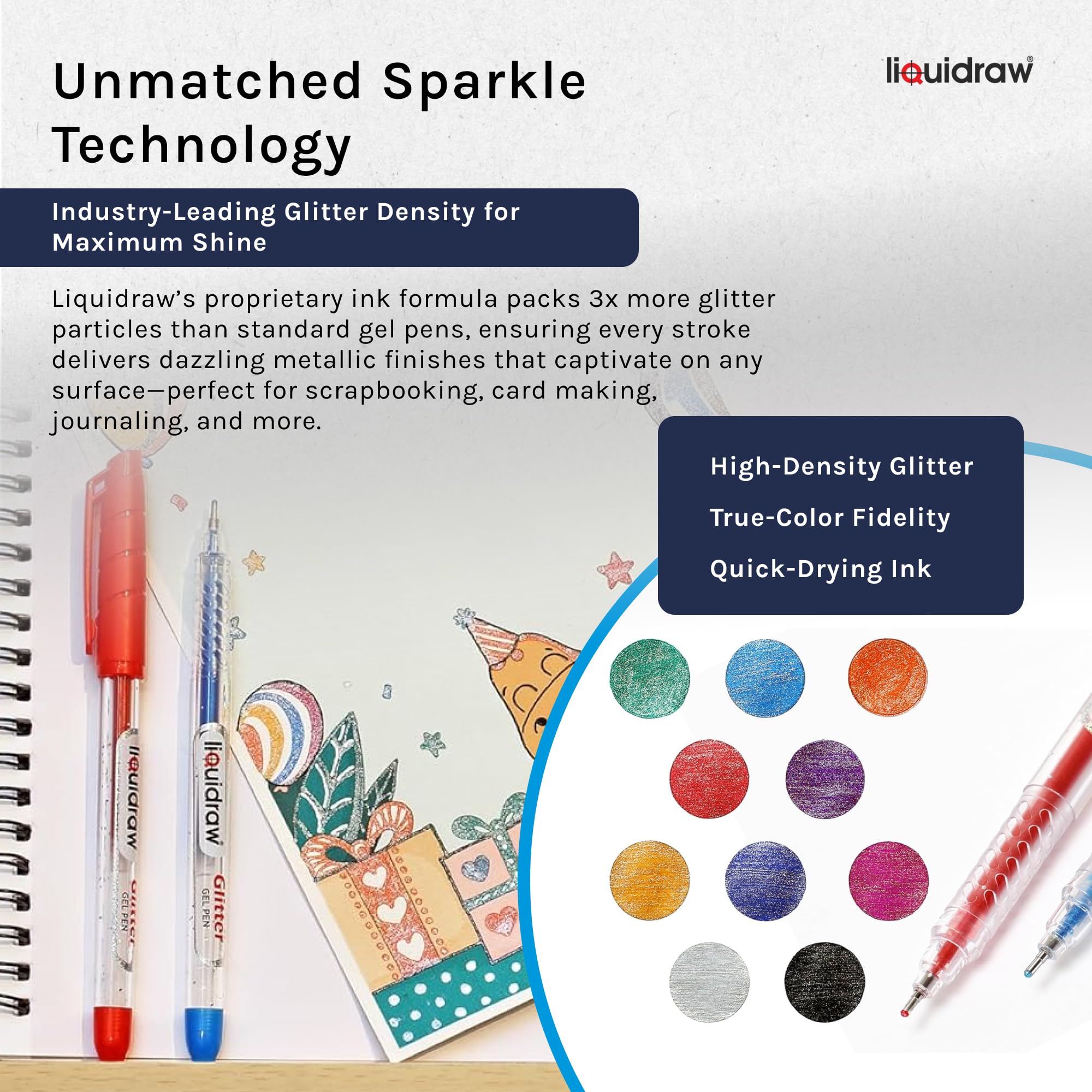 Liquidraw Glitter Gel Pens - Set of 10 | 1.0mm Fine Point | Multicoloured Ink 2