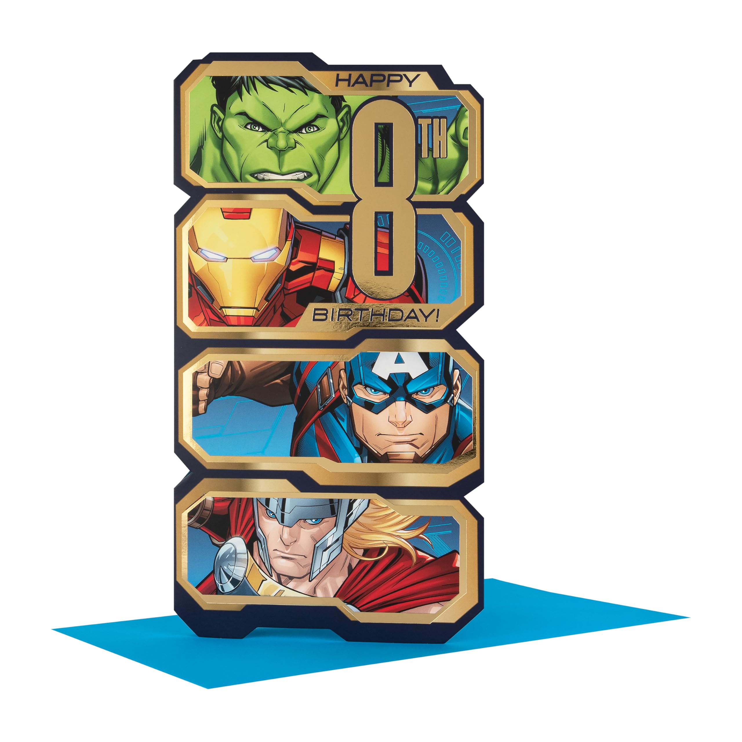 Hallmark Age 8 Birthday Card - Marvel Avengers Die-Cut Design with Gold Foil