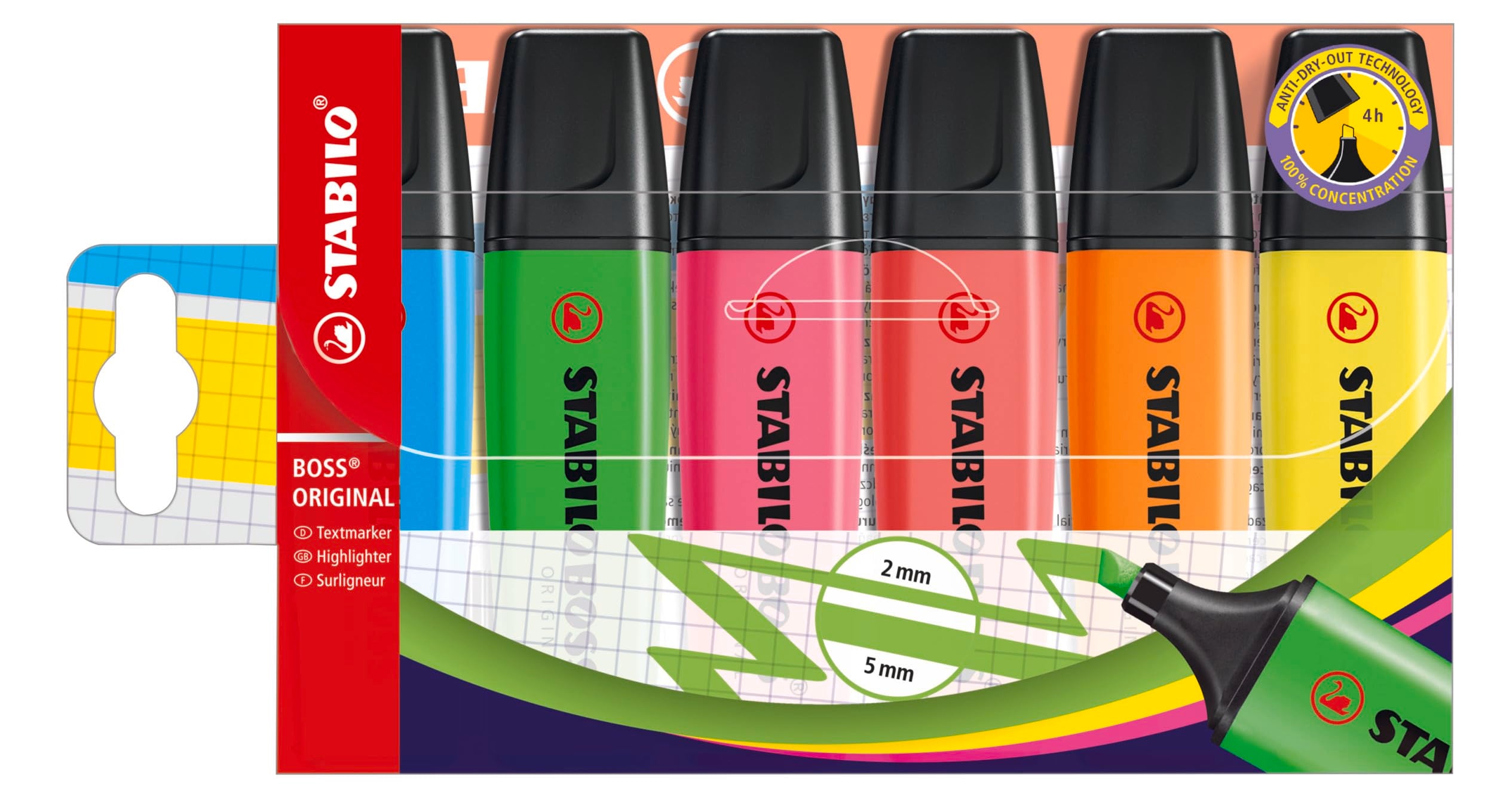 STABILO BOSS ORIGINAL Highlighter - Pack of 6 Assorted Colours | 2mm & 5mm Line Widths | 4 Hour Cap-Off Time