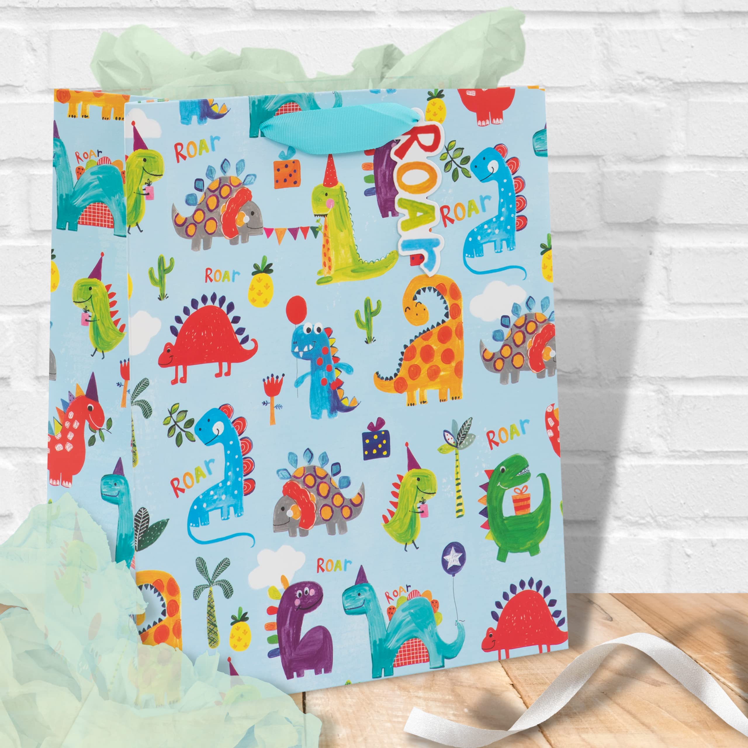 Glick Dinosaur Roar Luxury Gift Bag - Large Celebration Bag for Birthdays | Blue | 315x260x135mm 2