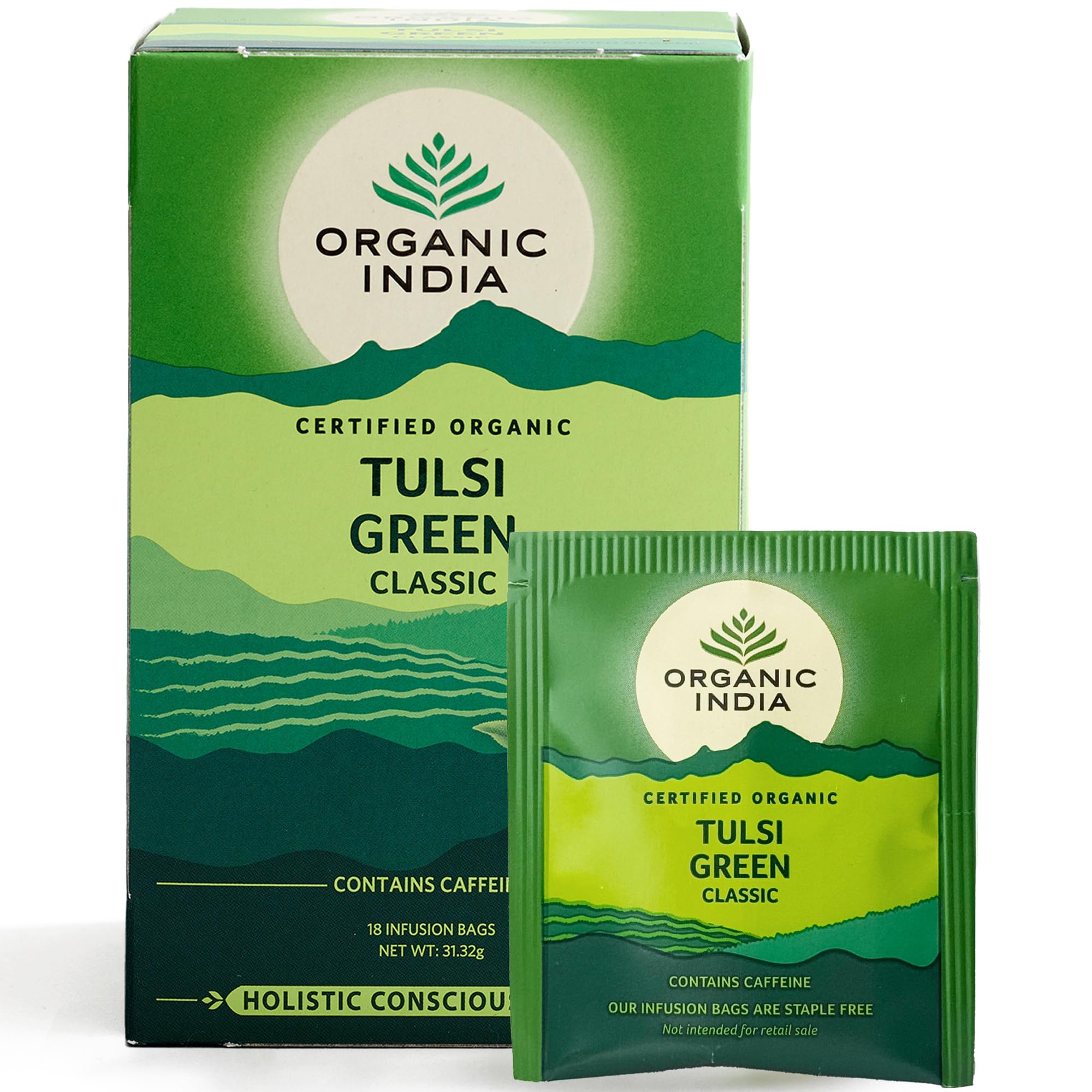 Organic India Tulsi Green Tea Classic, Certified Organic & Vegan, 18 Tea Bags