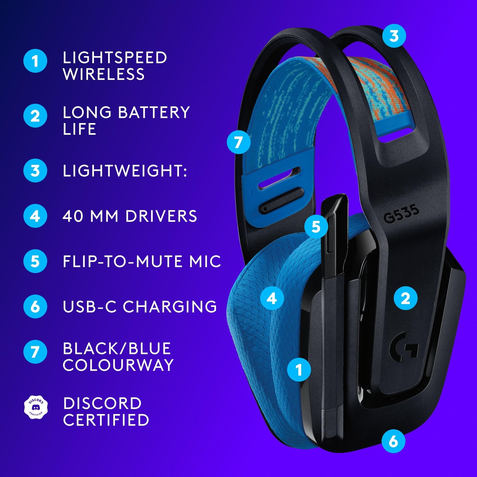 Logitech G G535 Lightspeed Wireless Gaming Headset - 33-Hour Battery, Lightweight 236g, 40mm Drivers, Flip-to-Mute Mic, PS5, PC/Mac 8