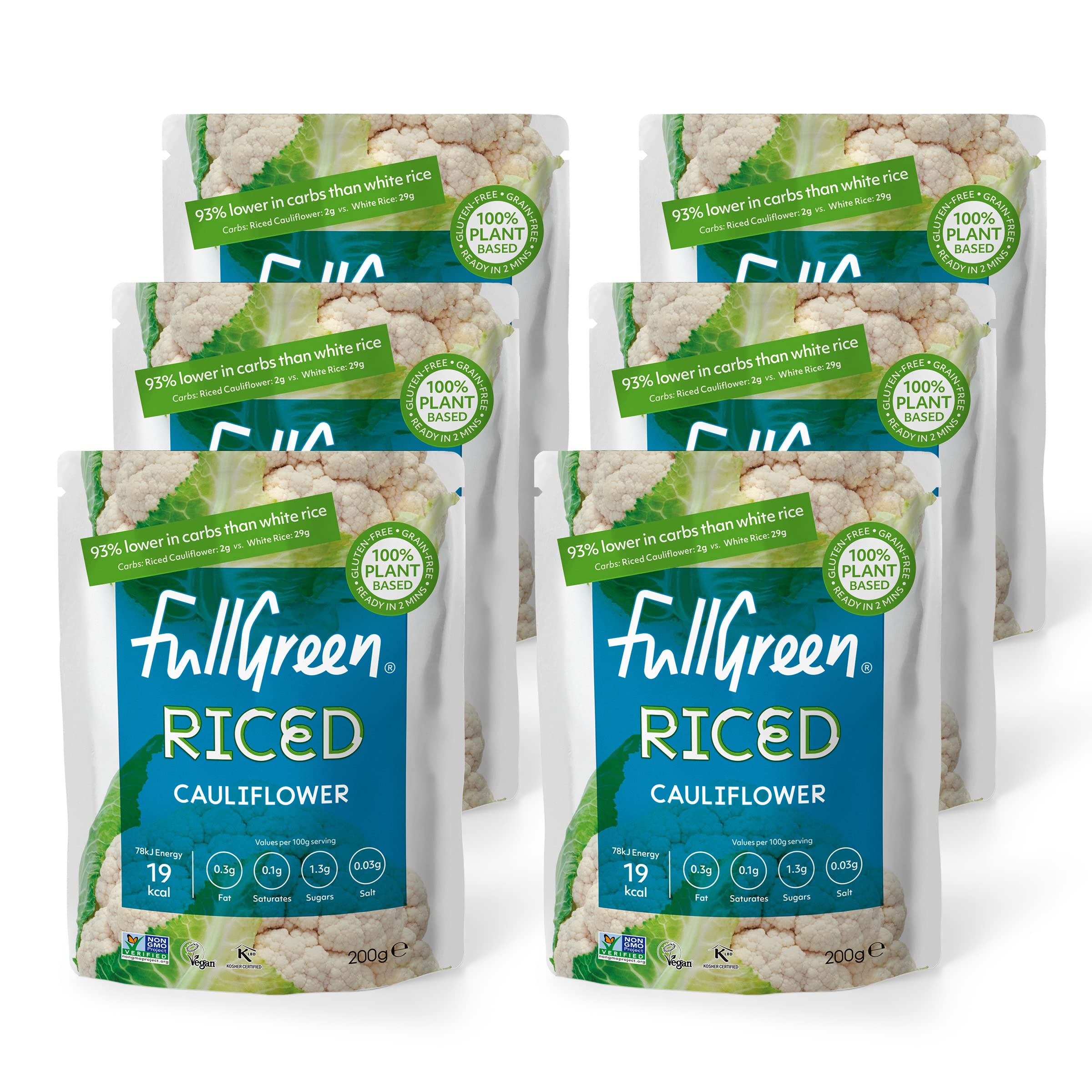 Fullgreen Riced Cauliflower - Case of 6 Pouches | 87% Lower Carb | Gluten-Free